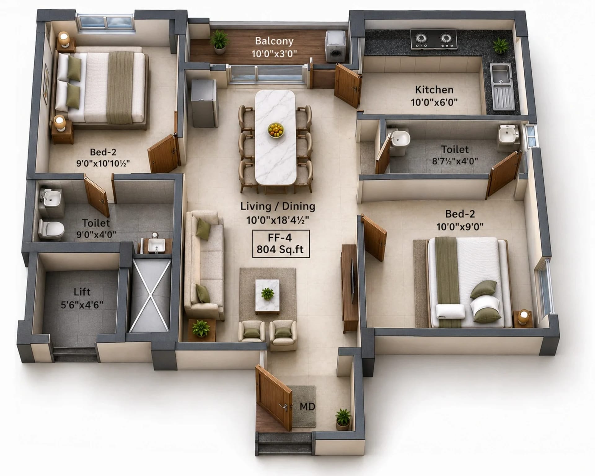 2 BHK Apartment Floor Plan – Charan Viruksham