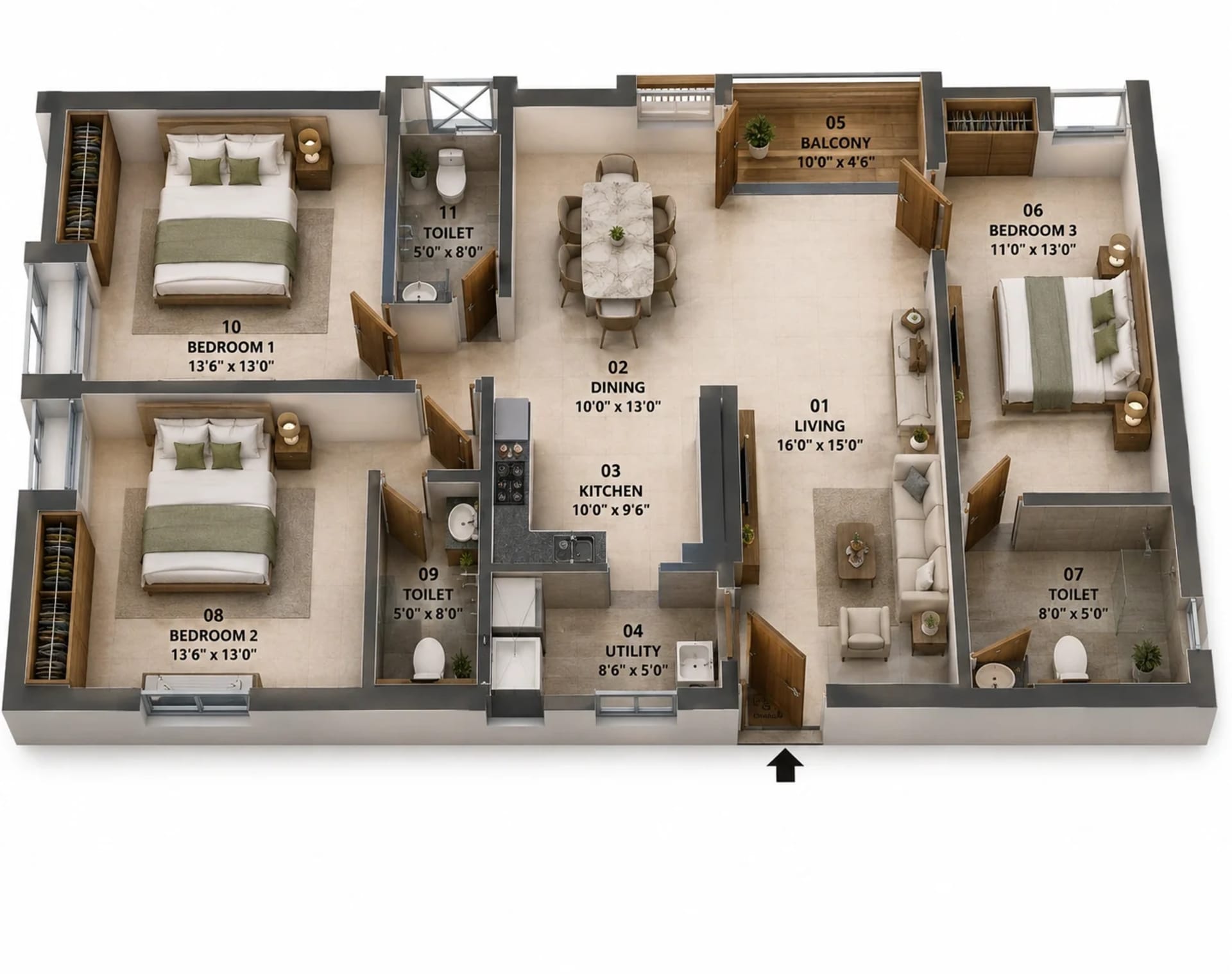 3 BHK Apartment Floor Plan – Jains Aadhidev