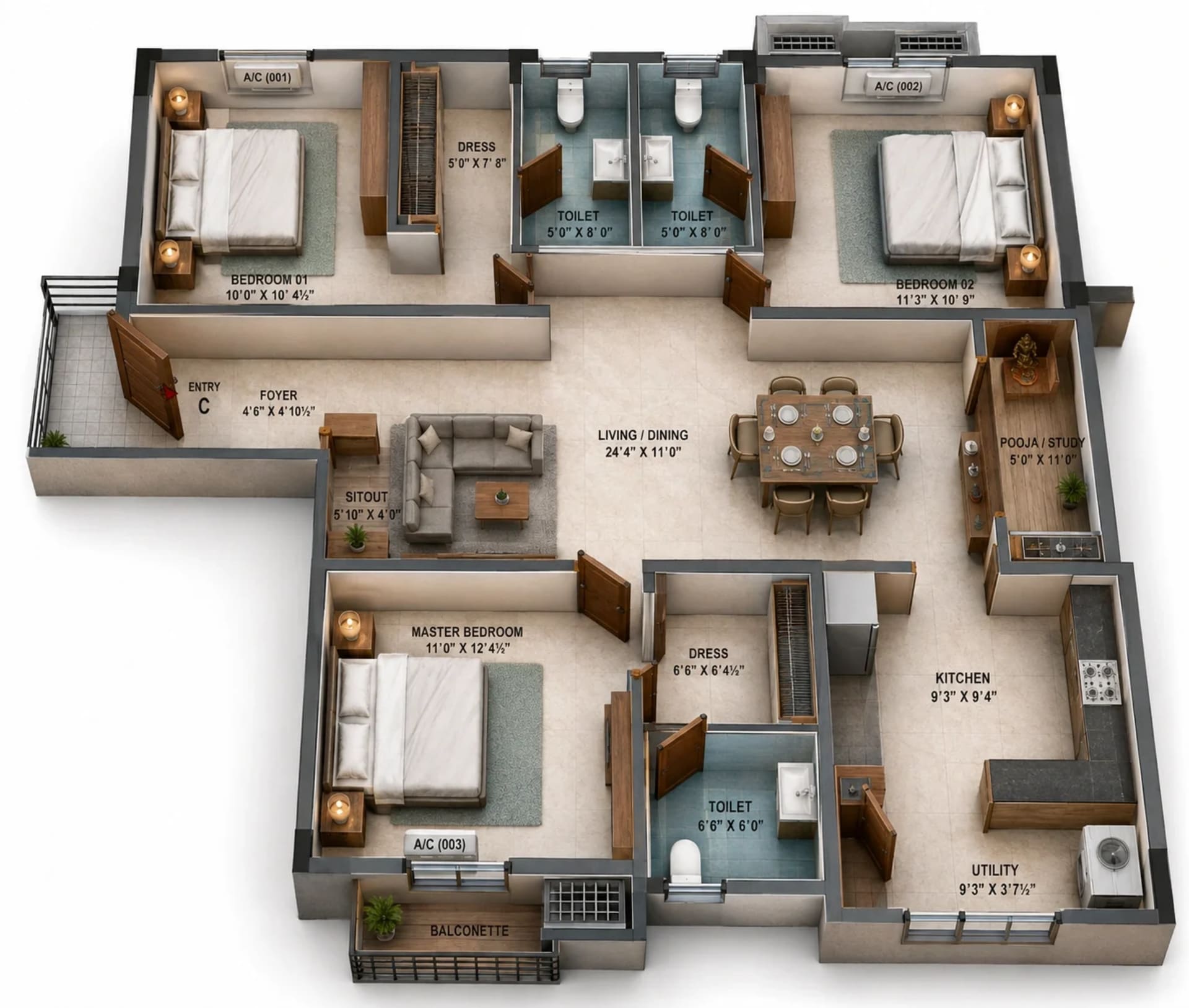 3 BHK Apartment Floor Plan – Kalyani Vilasa