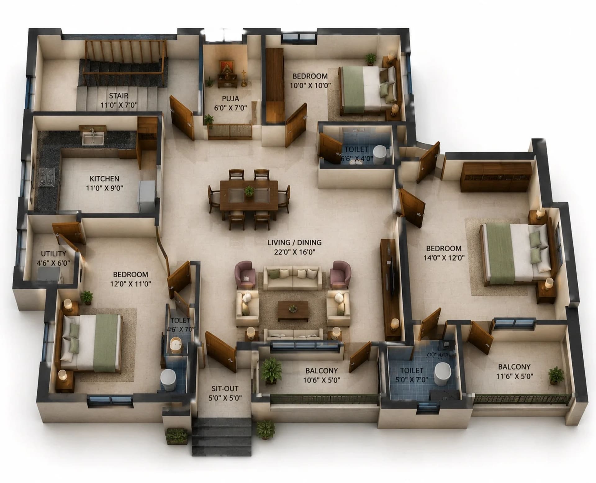 3 BHK Apartment Floor Plan – SVF Bella Vista 