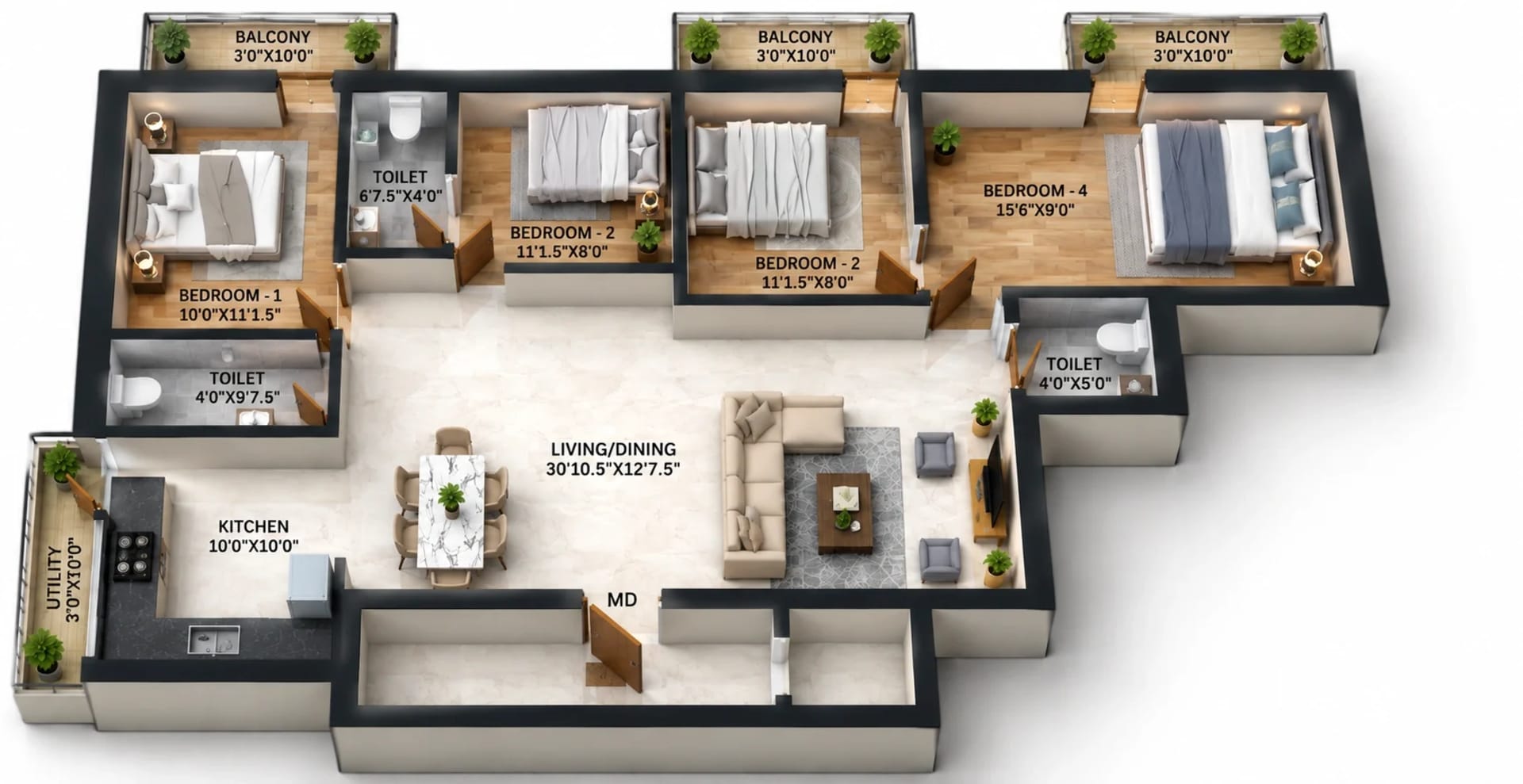 4 BHK Apartment Floor Plan – SNR Aashiaana