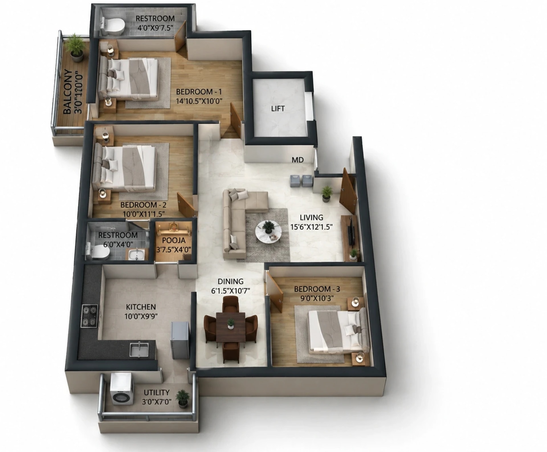 3 BHK Apartment Floor Plan – SNR Aashiaana