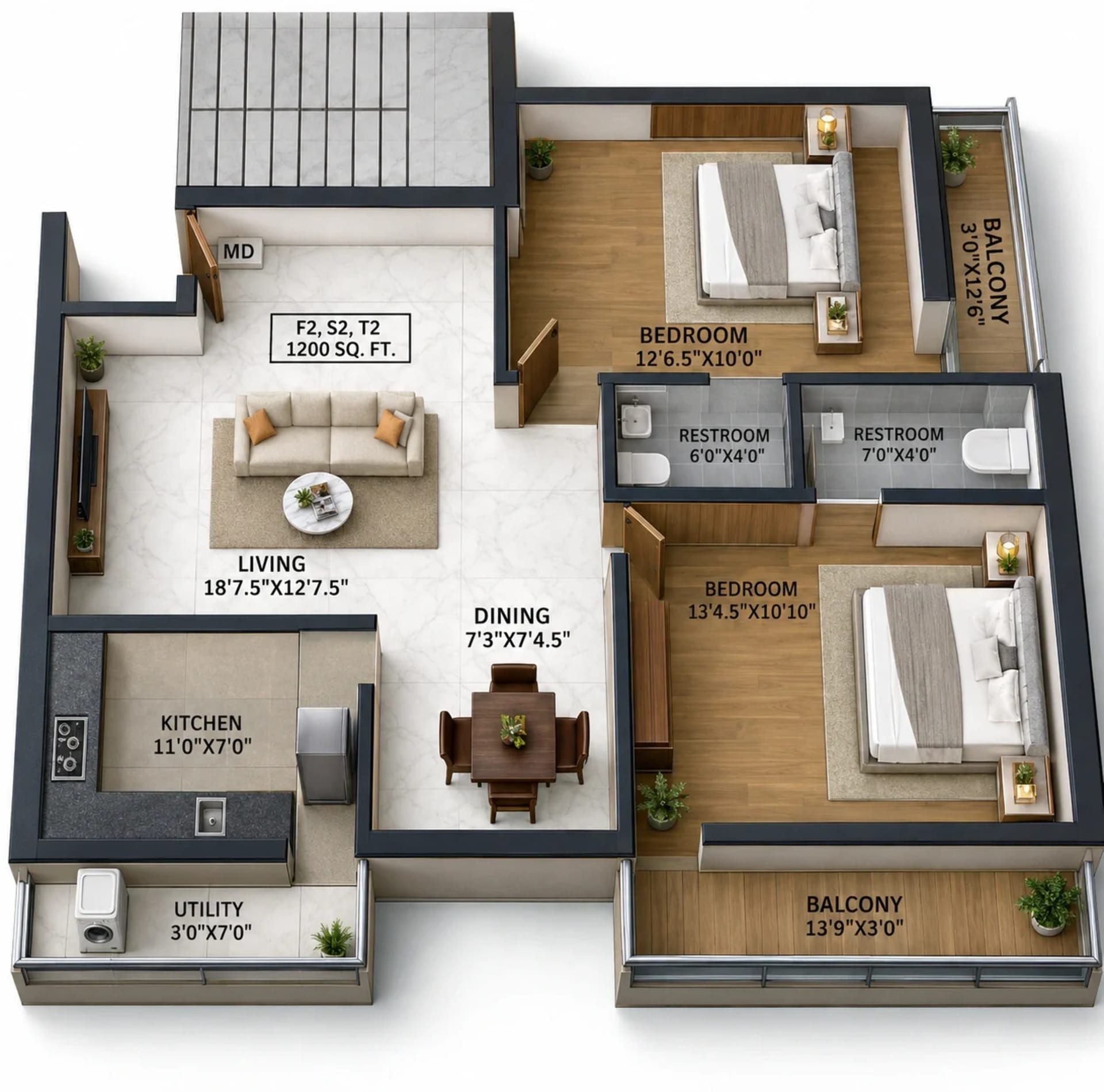 2 BHK Apartment Floor Plan – SNR Aashiaana