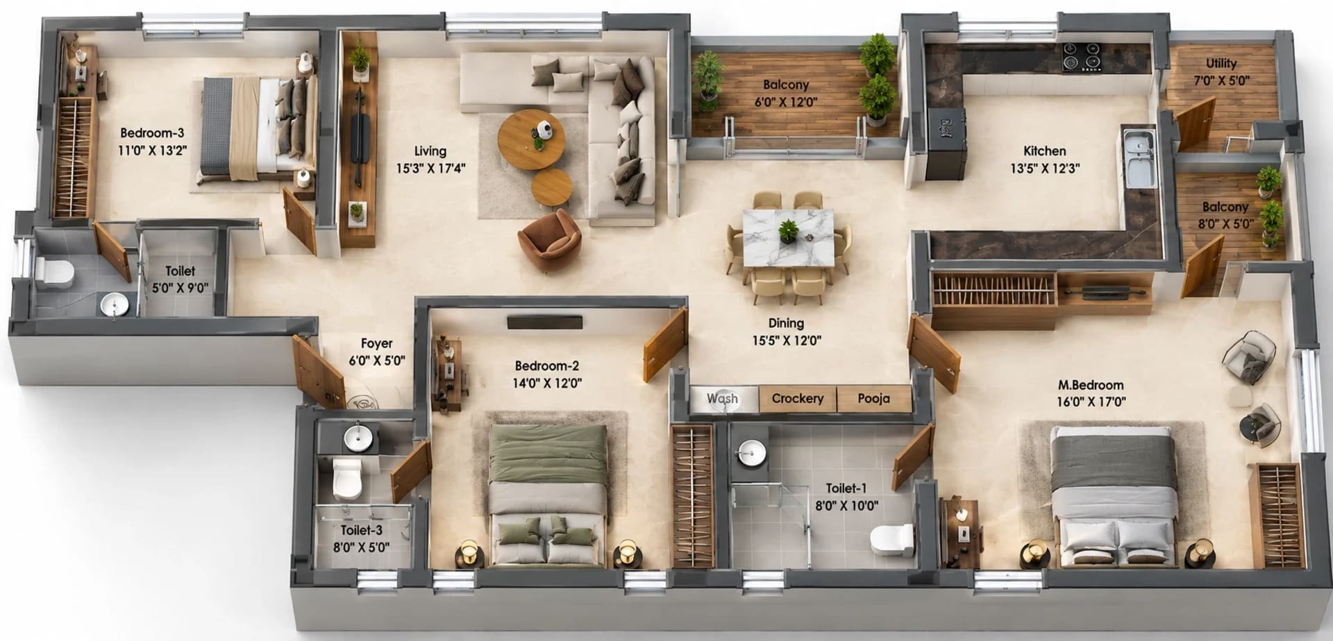 3 BHK Apartment Floor Plan – Rajali Legacy