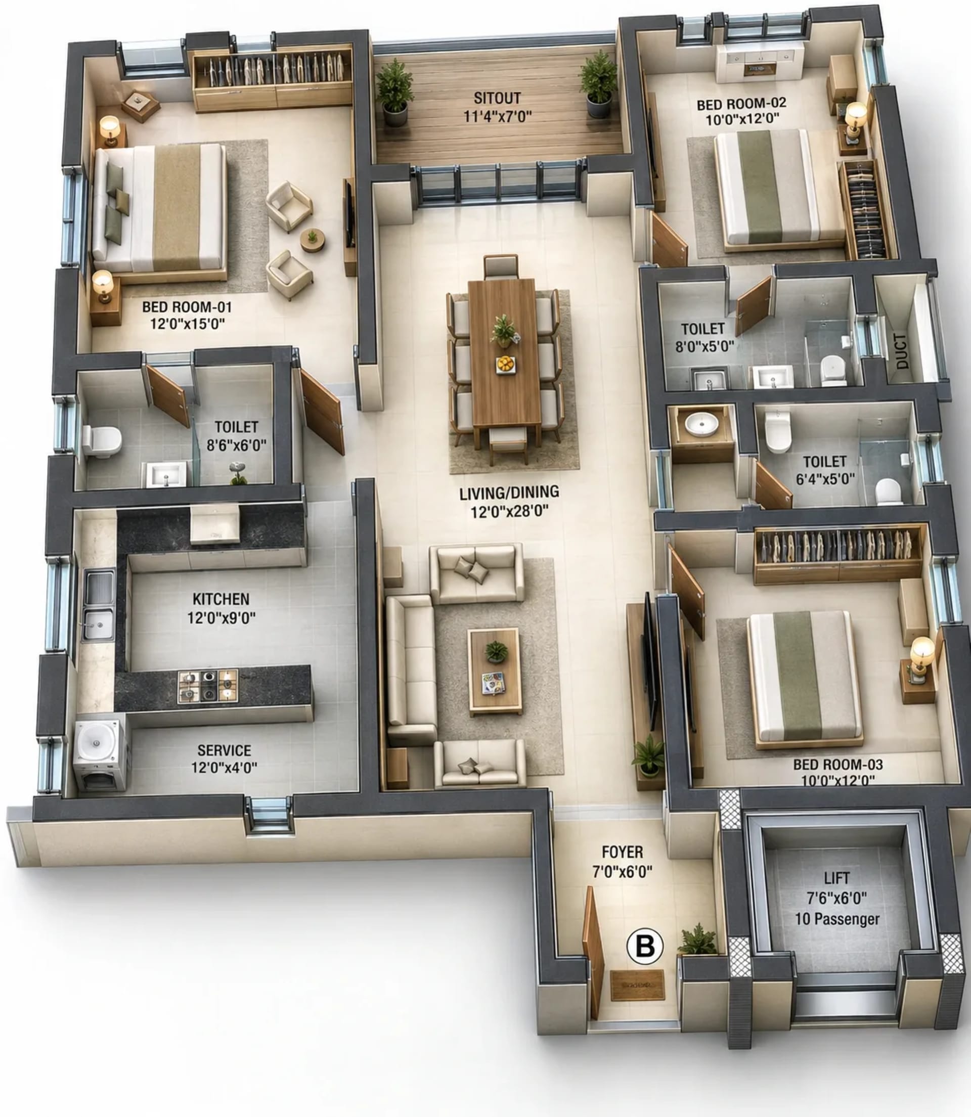 3 BHK Apartment Floor Plan – Nova VR Squares