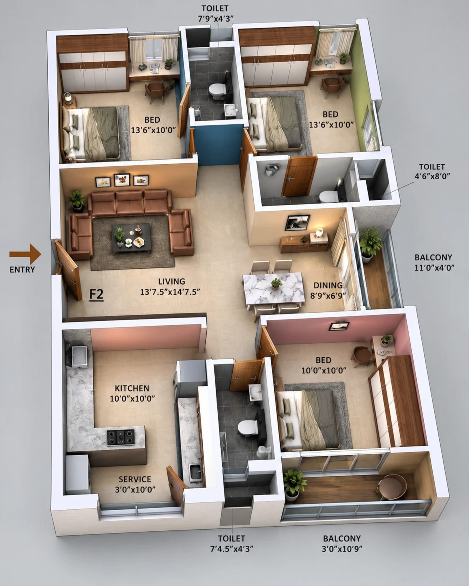 3 BHK Apartment Floor Plan – Luxe Mala Infraz