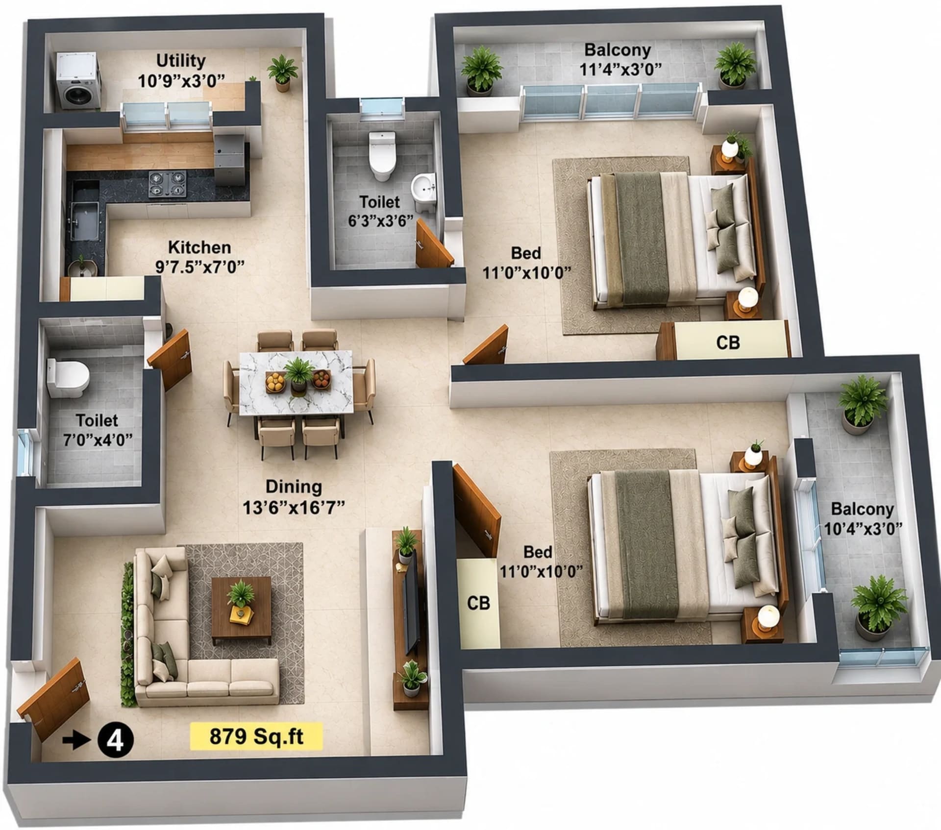 2 BHK Apartment Floor Plan – KPN DGM Monica Residency