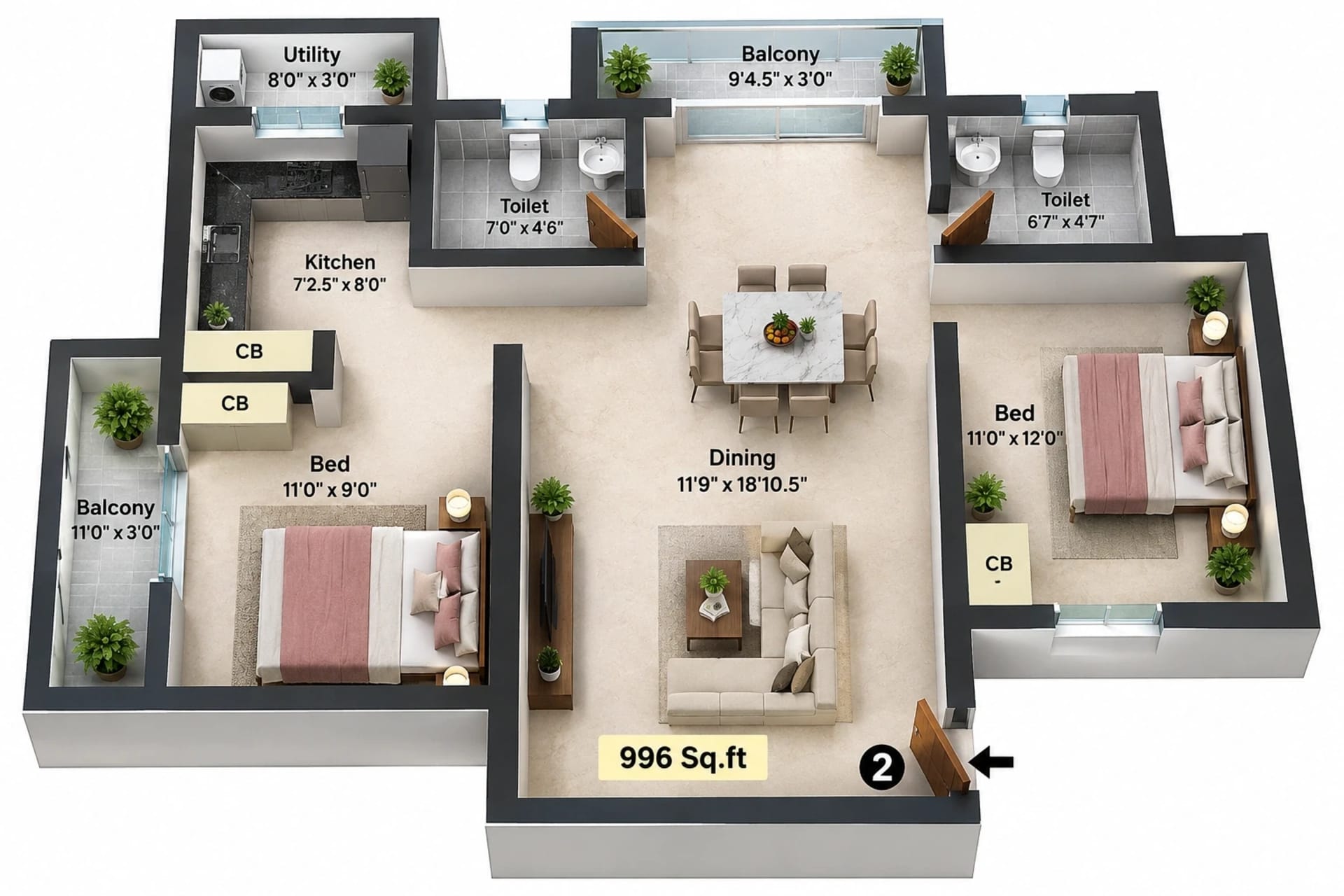 2 BHK Apartment Floor Plan – KPN DGM Monica Residency