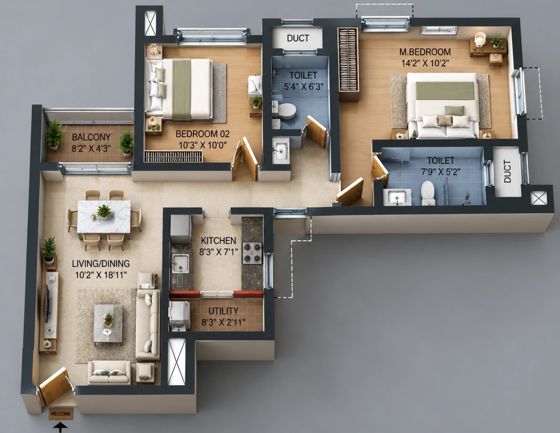 2 BHK Apartment Floor Plan – Doshi Risington 2