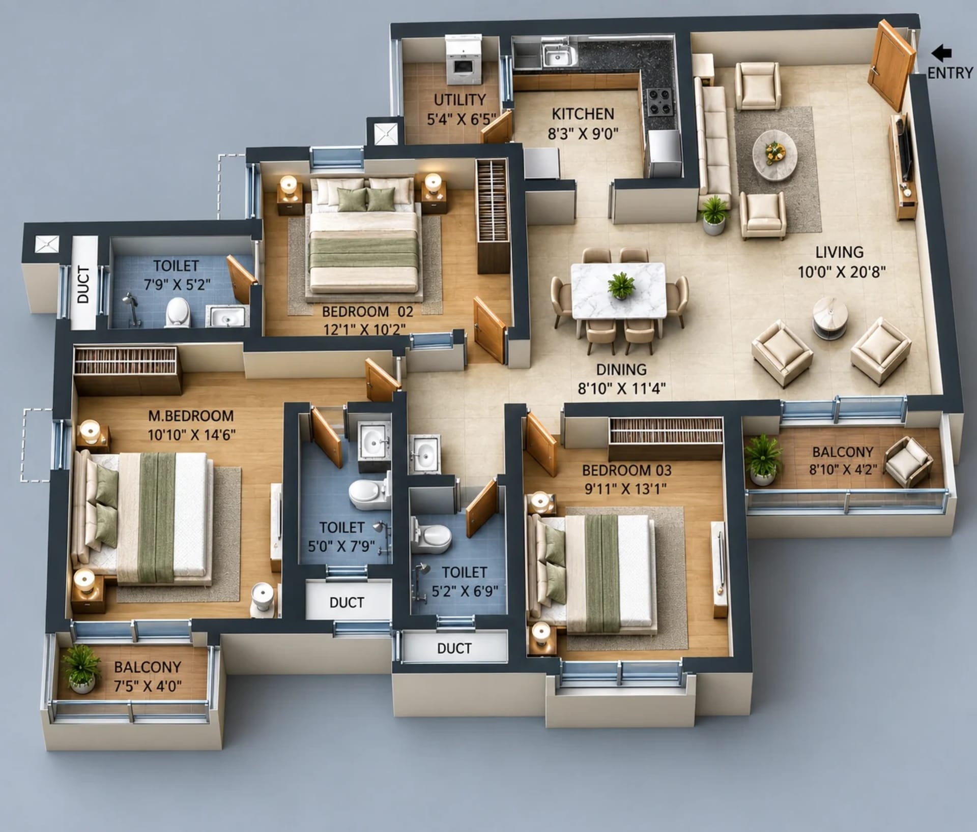 3 BHK Apartment Floor Plan – Doshi Risington 2