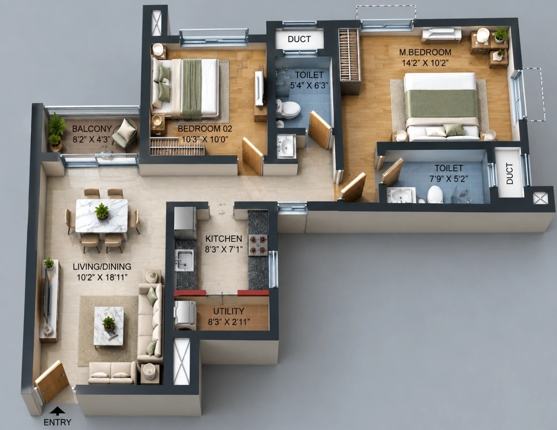 2 BHK Apartment Floor Plan – Doshi Risington 2