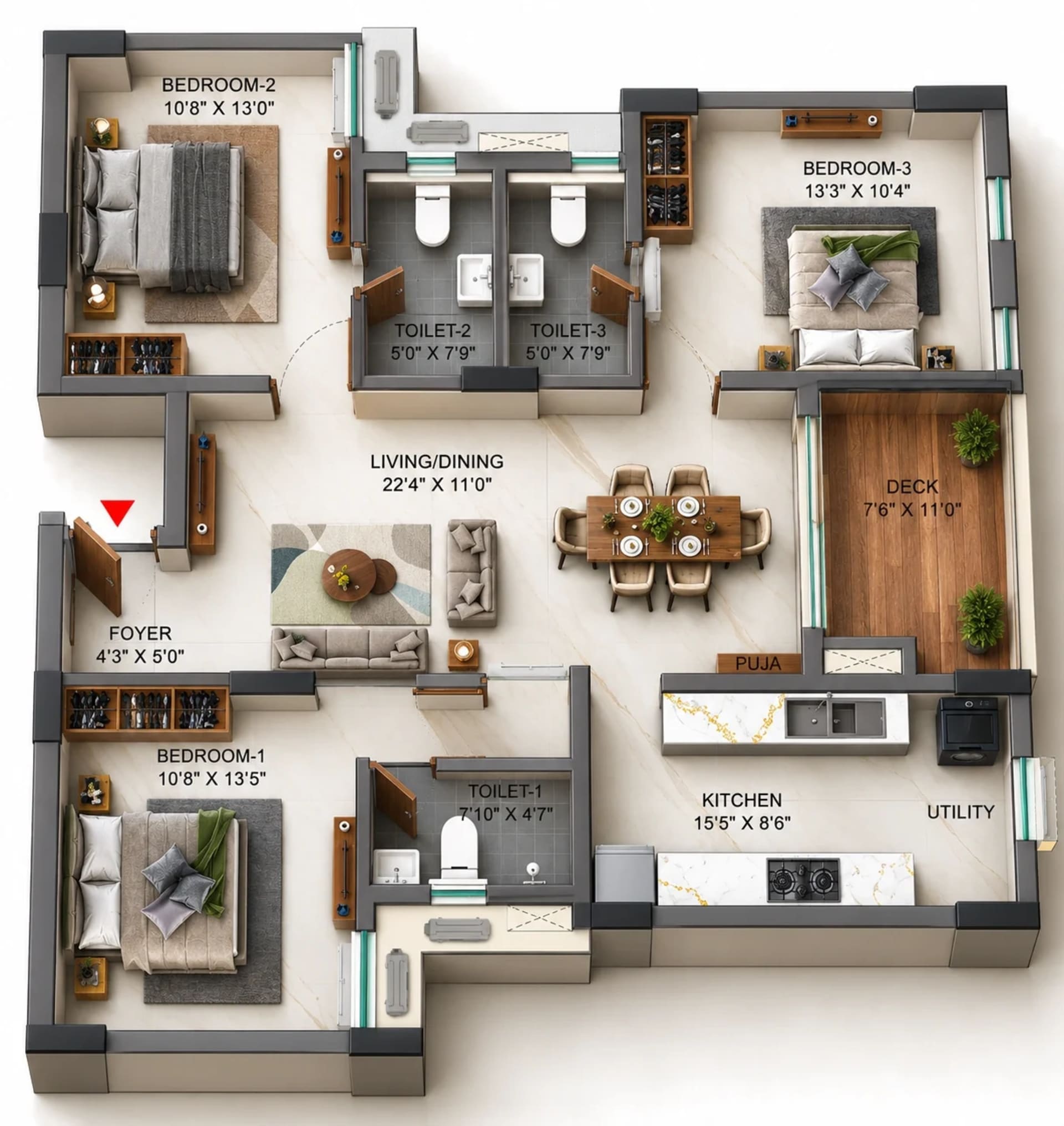 3 BHK Apartment Floor Plan – TVS Emerald Verde Vista