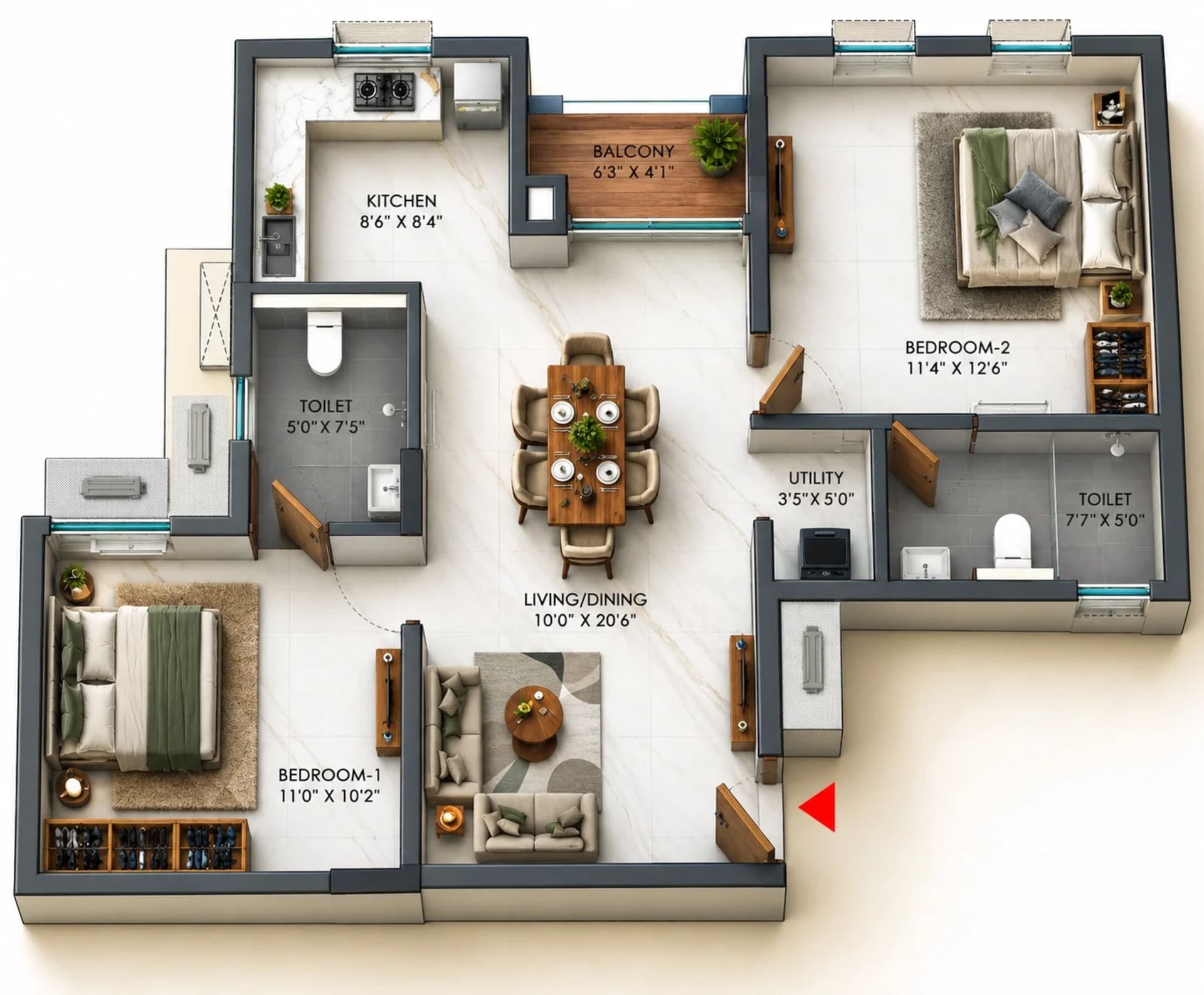 2 BHK Apartment floor plan — 965 sqft