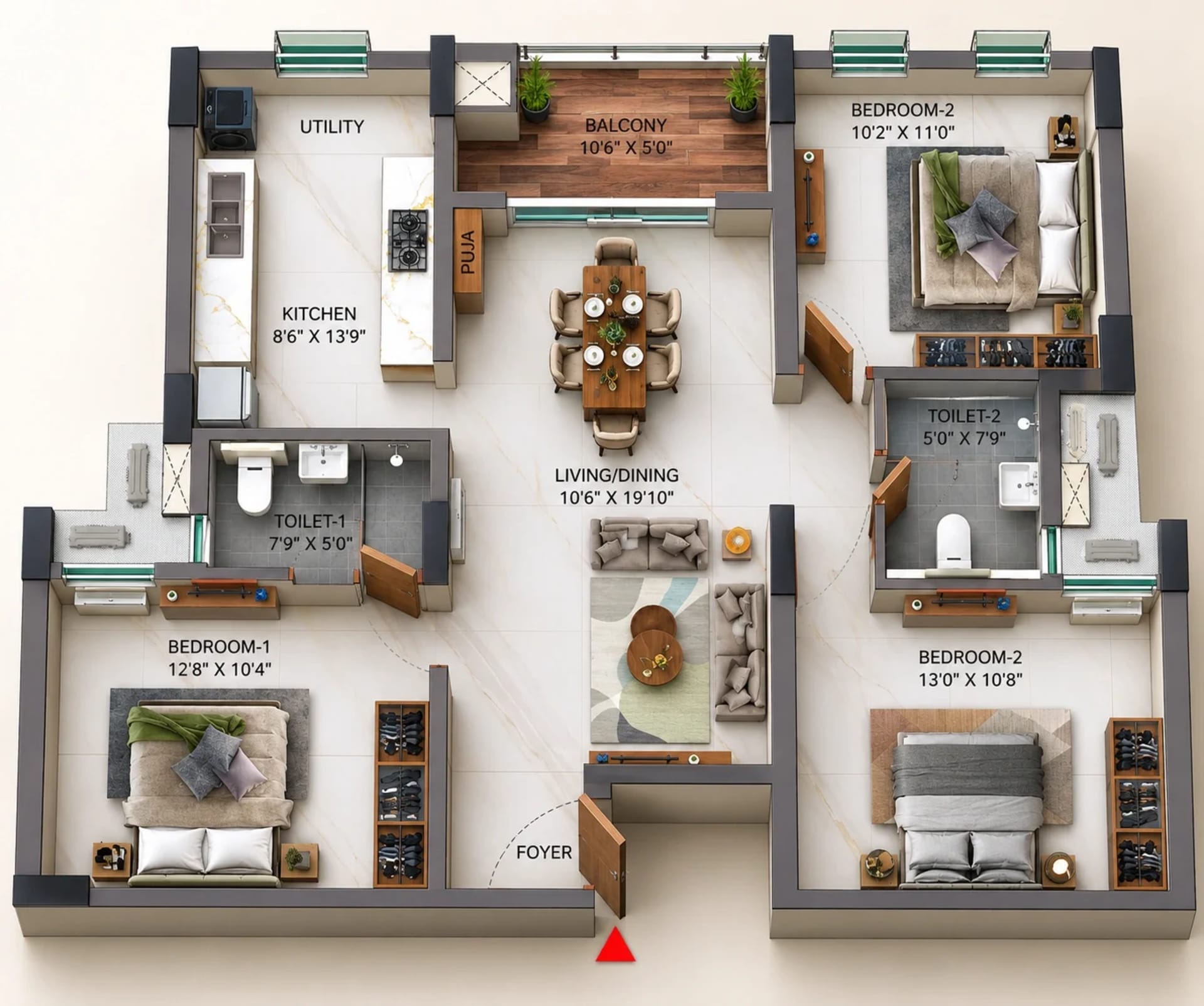 3 BHK Apartment Floor Plan – TVS Emerald Verde Vista