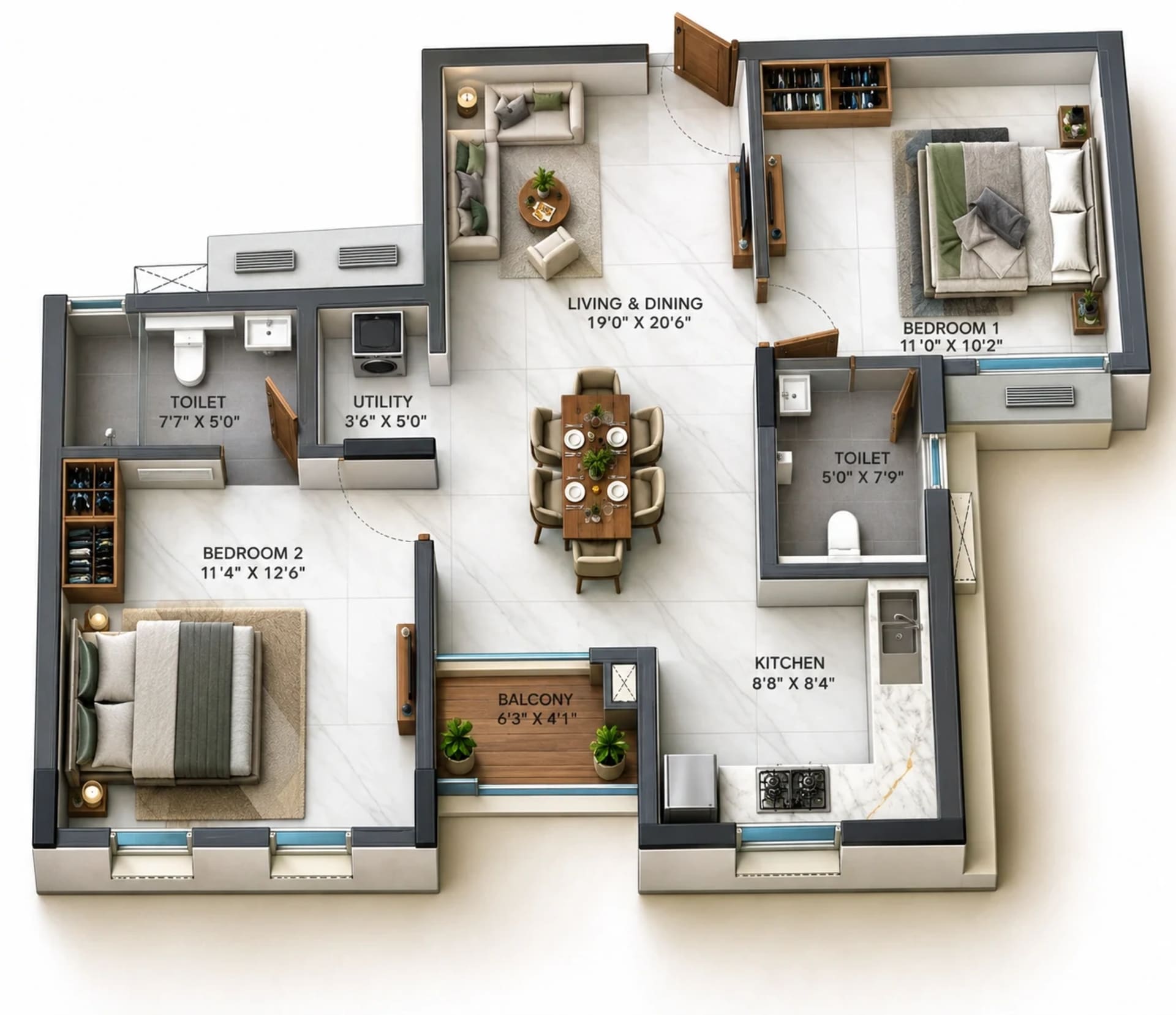 2 BHK Apartment Floor Plan – TVS Emerald Verde Vista