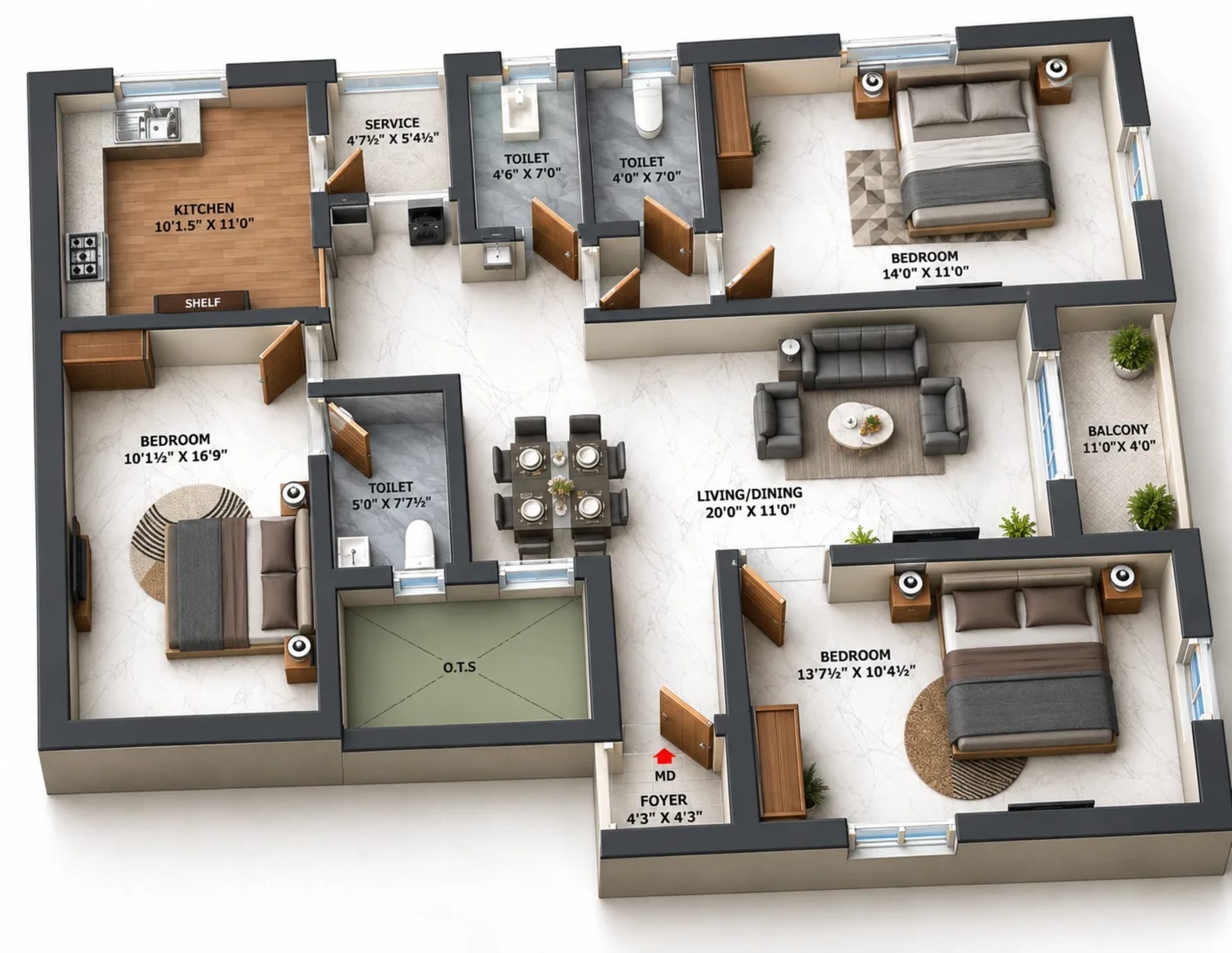3 BHK Apartment Floor Plan – KST Blizz