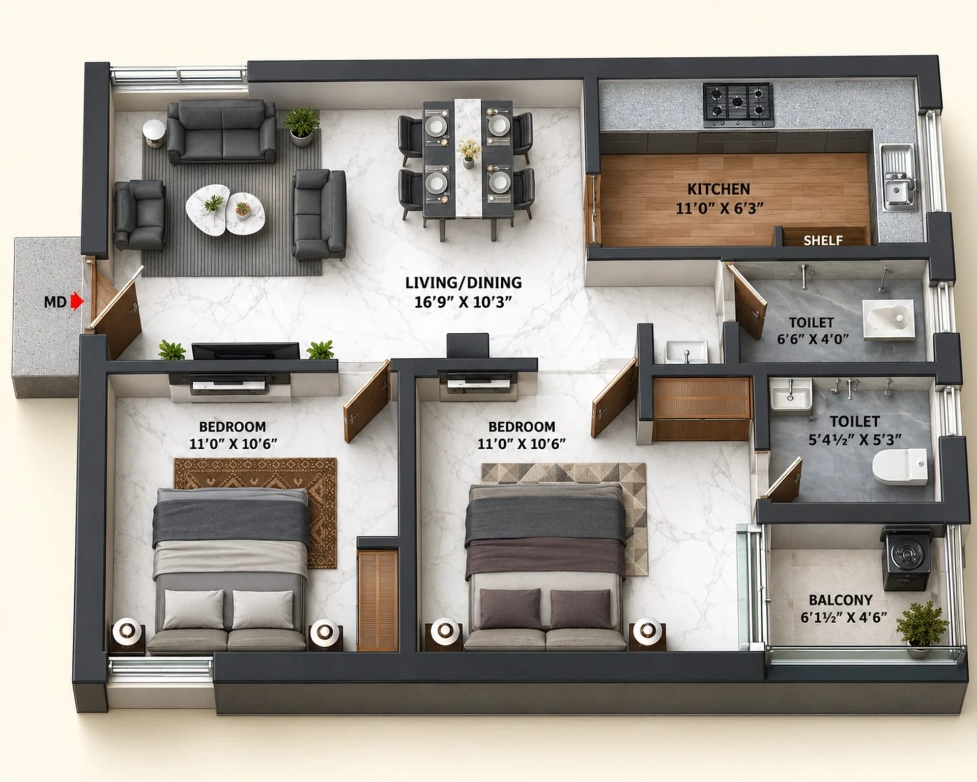 2 BHK Apartment Floor Plan – KST Blizz