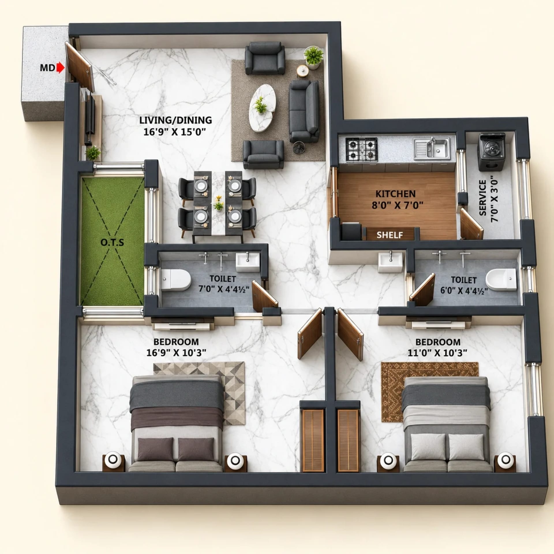 2 BHK Apartment Floor Plan – KST Blizz
