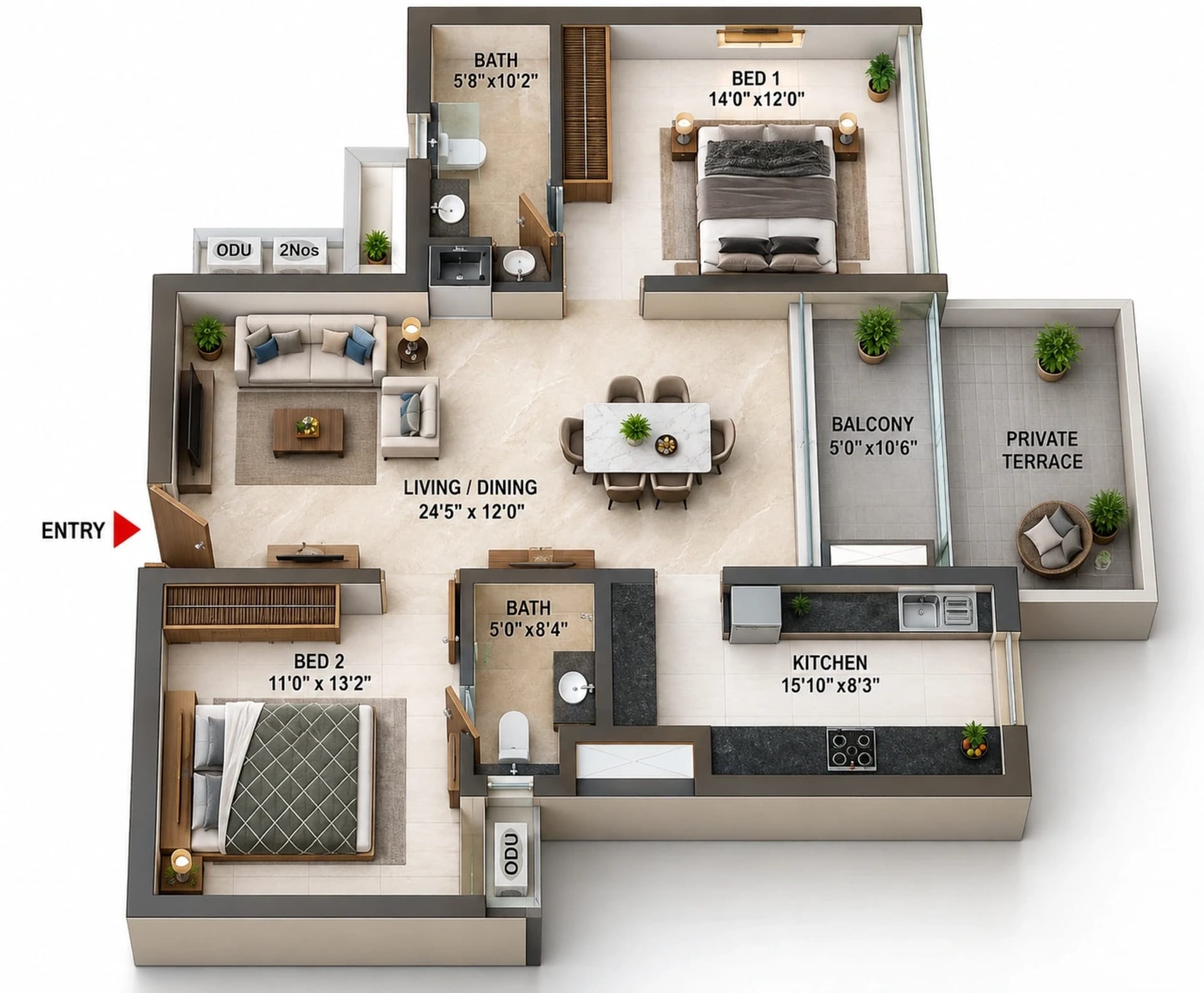 2 BHK Apartment floor plan — 1,330 sqft