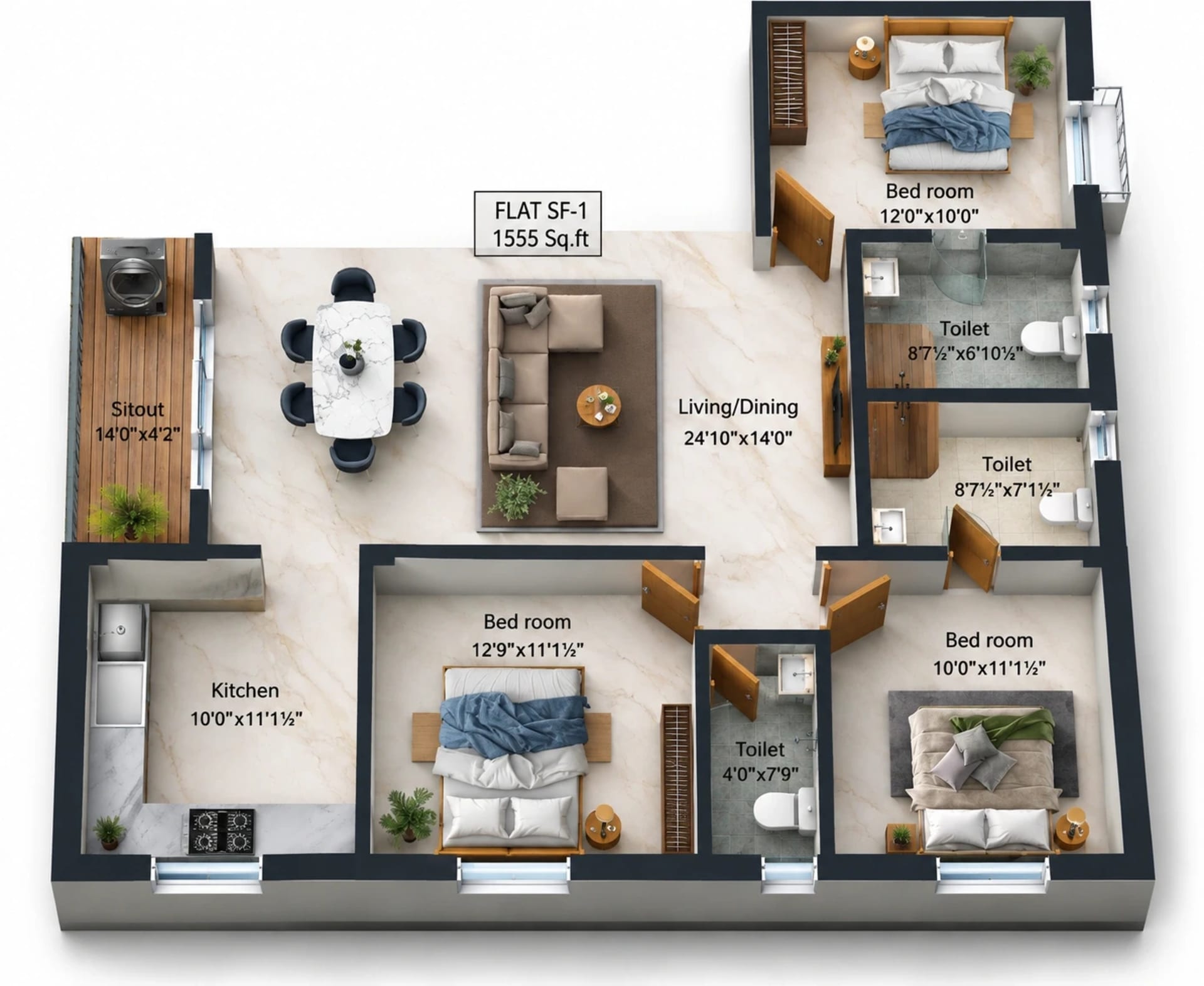 3 BHK Apartment Floor Plan – MS Charan Elite