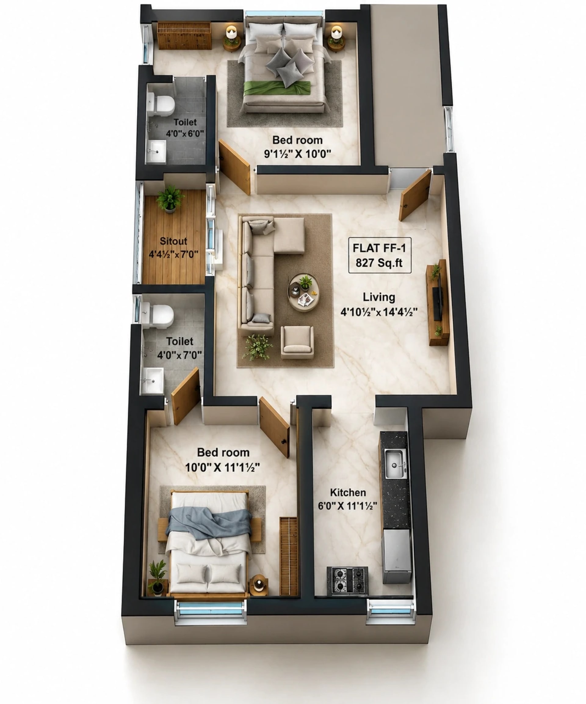 2 BHK Apartment Floor Plan – MS Charan Elite