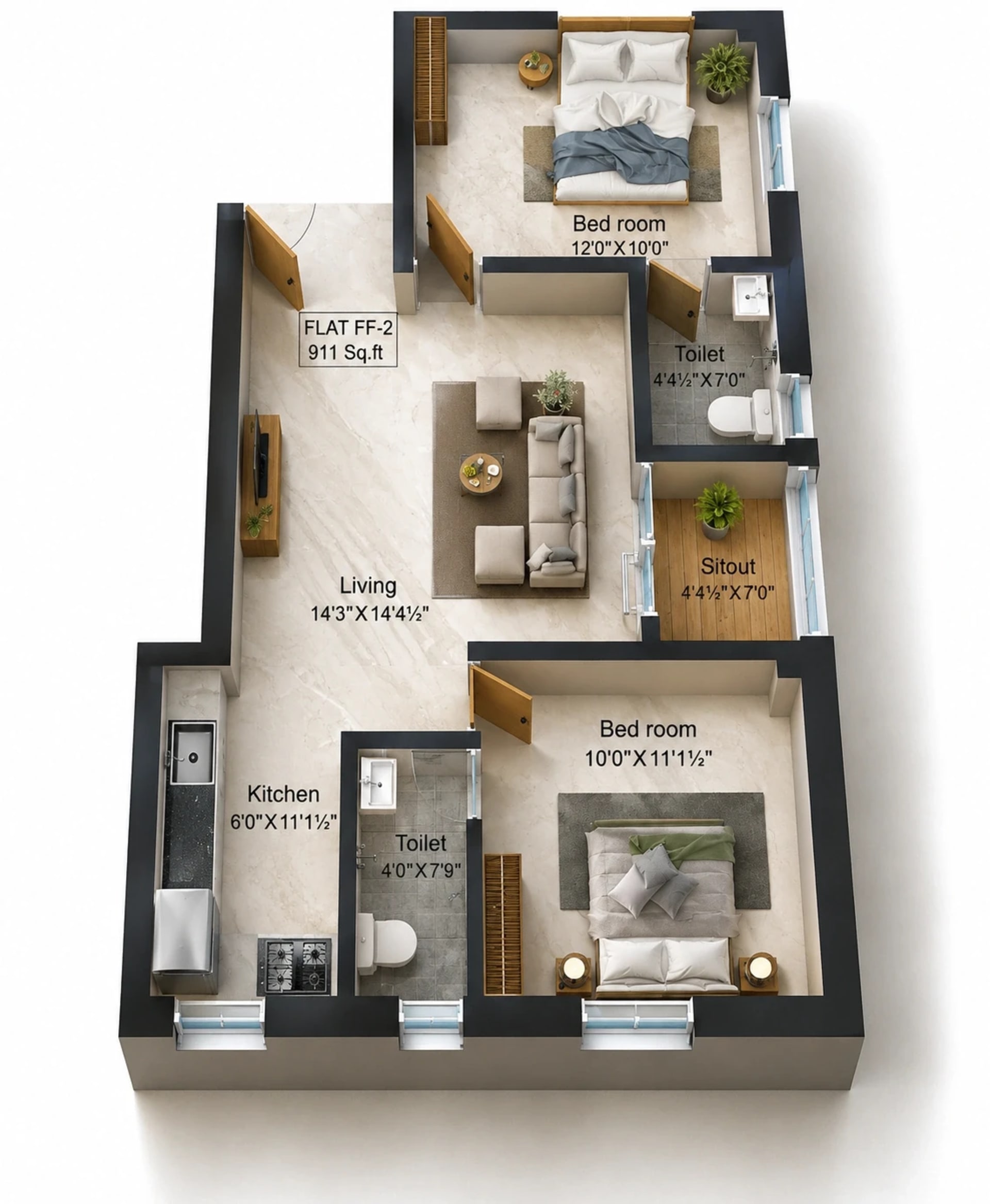 2 BHK Apartment Floor Plan – MS Charan Elite