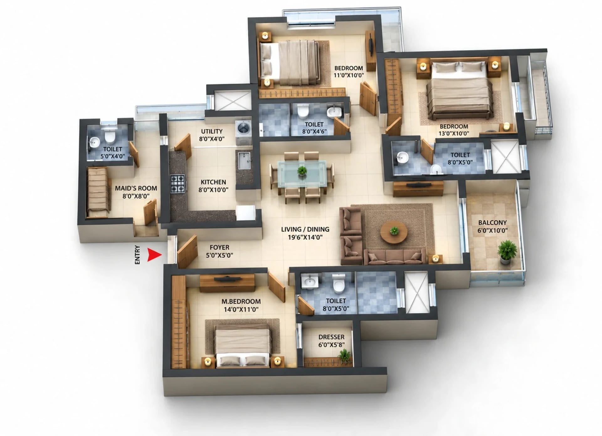 3 BHK Apartment Floor Plan – Prestige Palm Court
