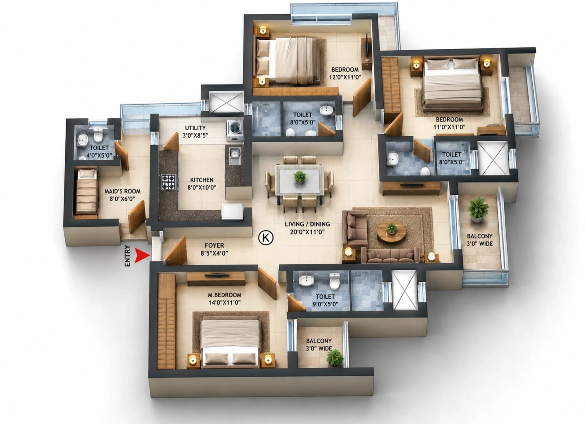 3 BHK Apartment Floor Plan – Prestige Palm Court