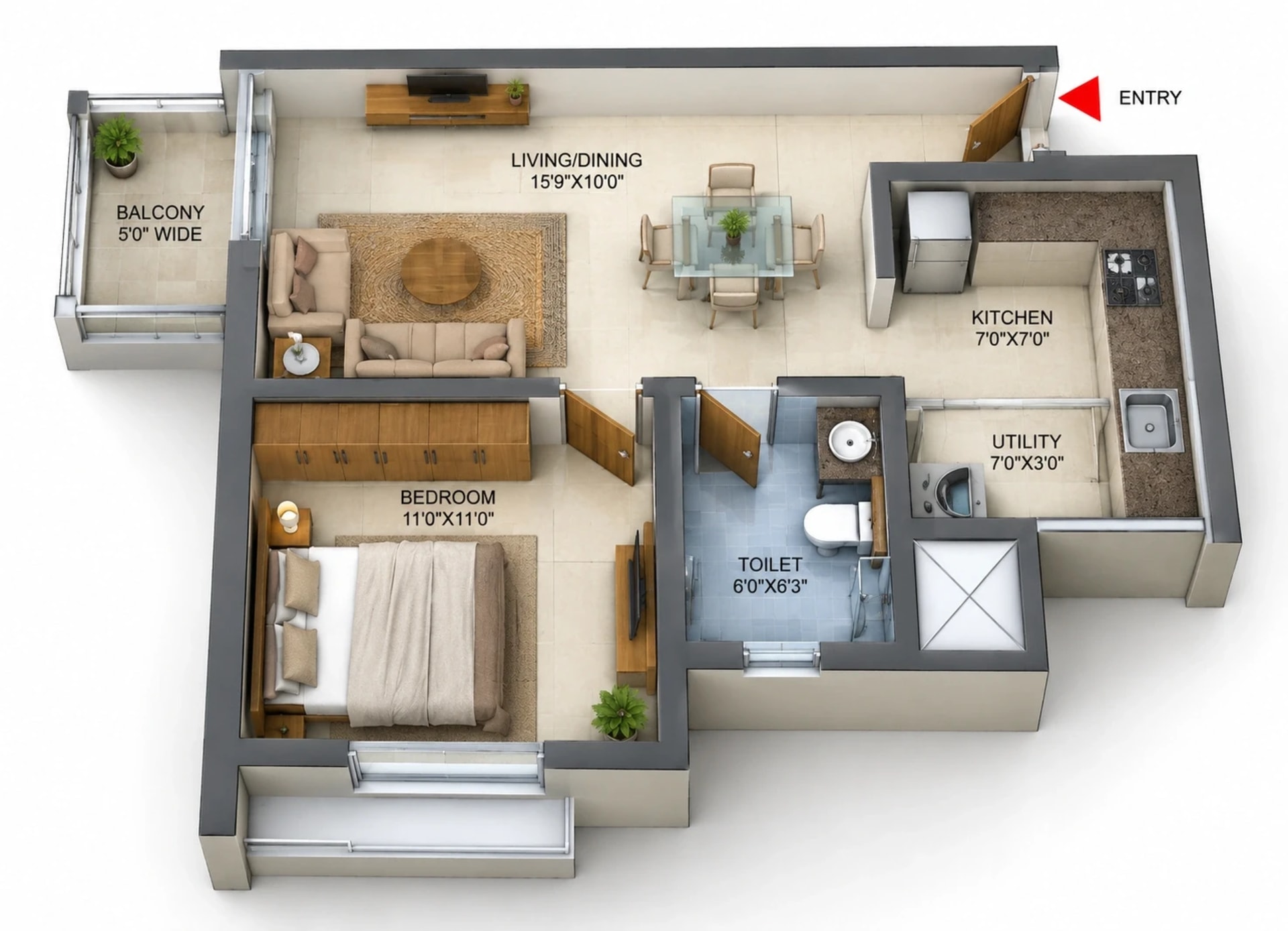 1 BHK Apartment Floor Plan – Prestige Palm Court