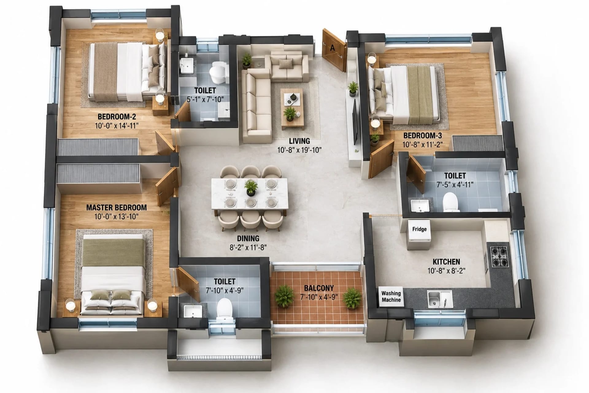 3 BHK Apartment floor plan — 1,209 sqft