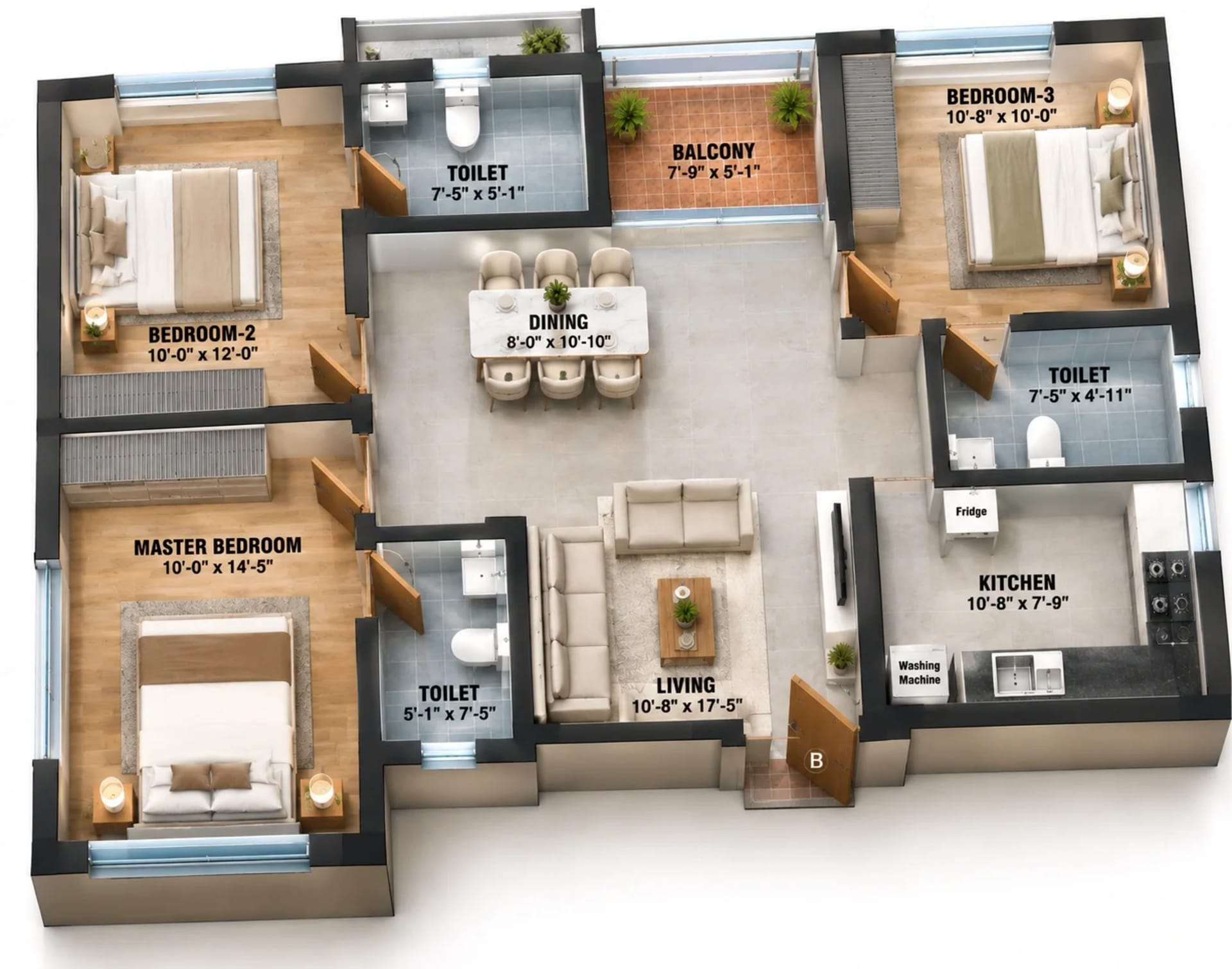 3 BHK Apartment floor plan — 1,130 sqft