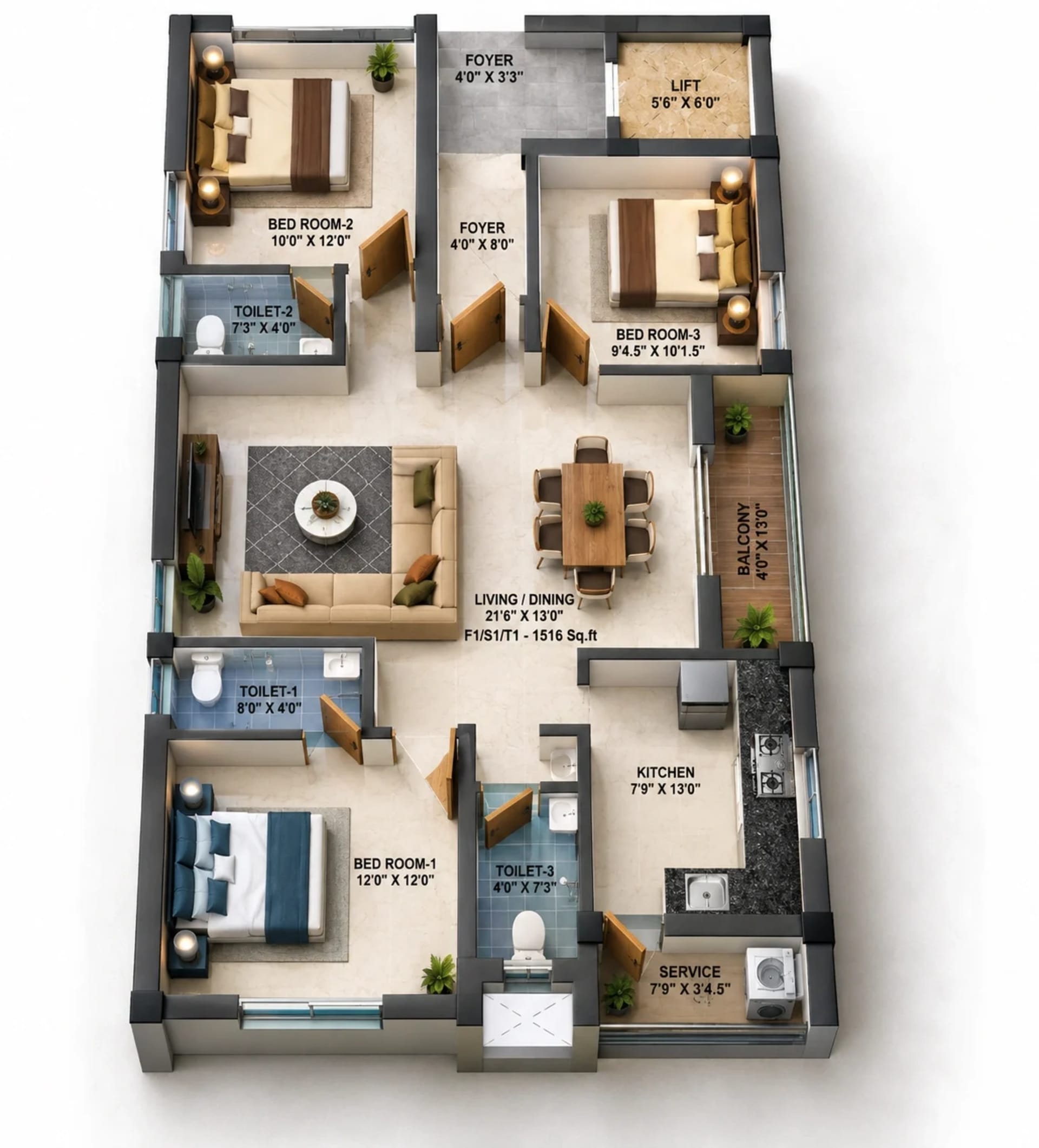 3 BHK Apartment floor plan — 1,516 sqft