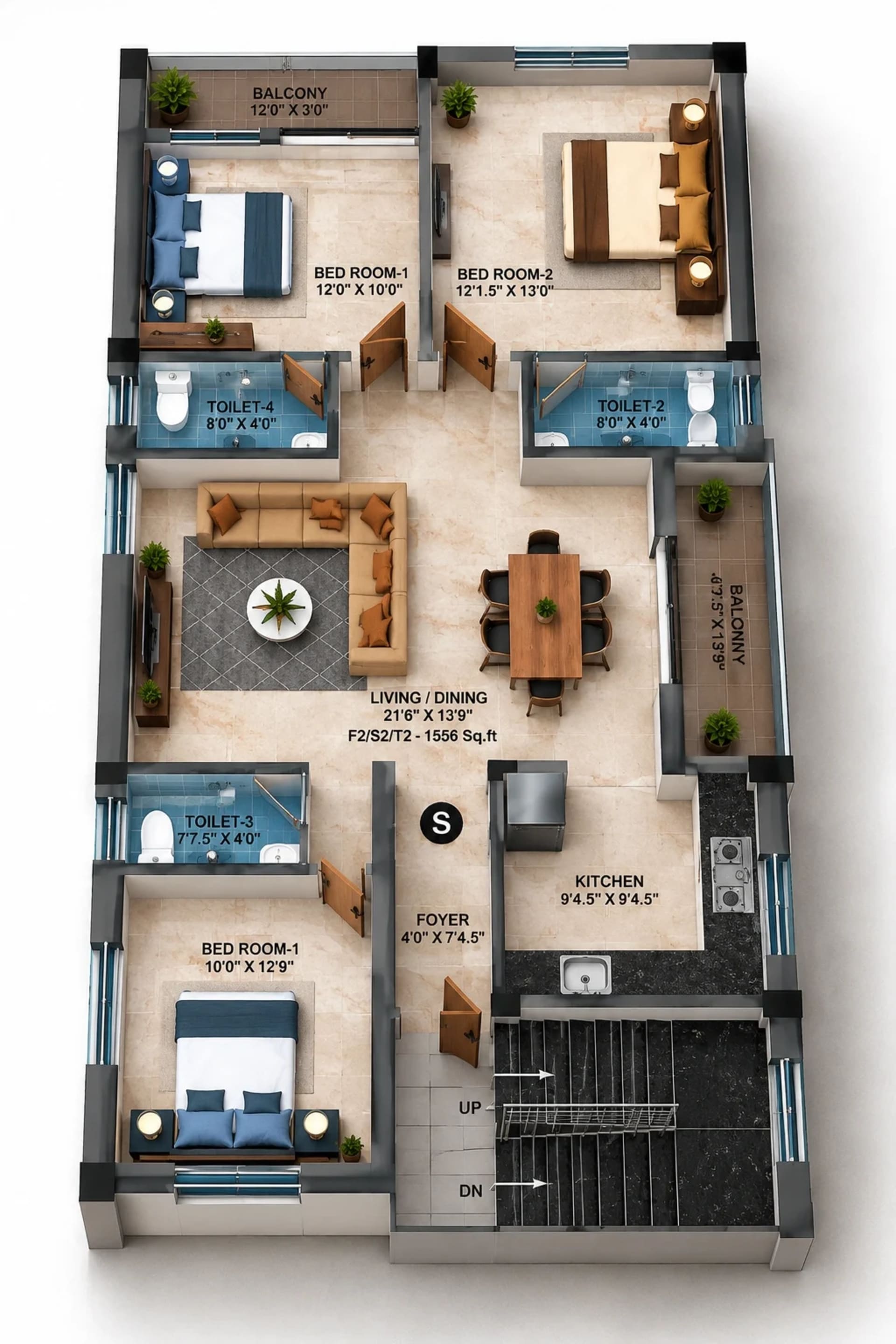 3 BHK Apartment floor plan — 1,556 sqft