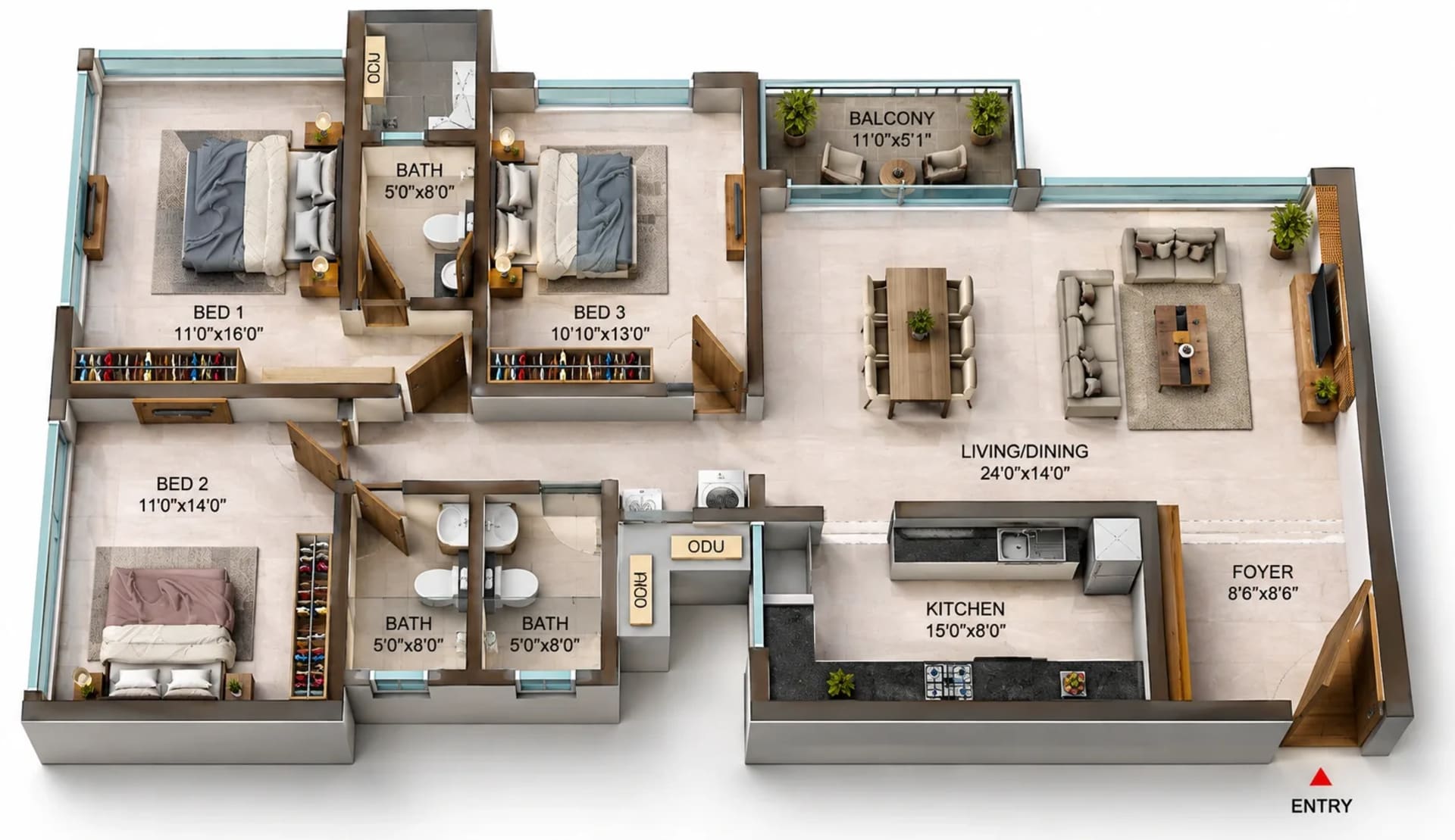 3 BHK Apartment Floor Plan – Casagrand Aquagrove