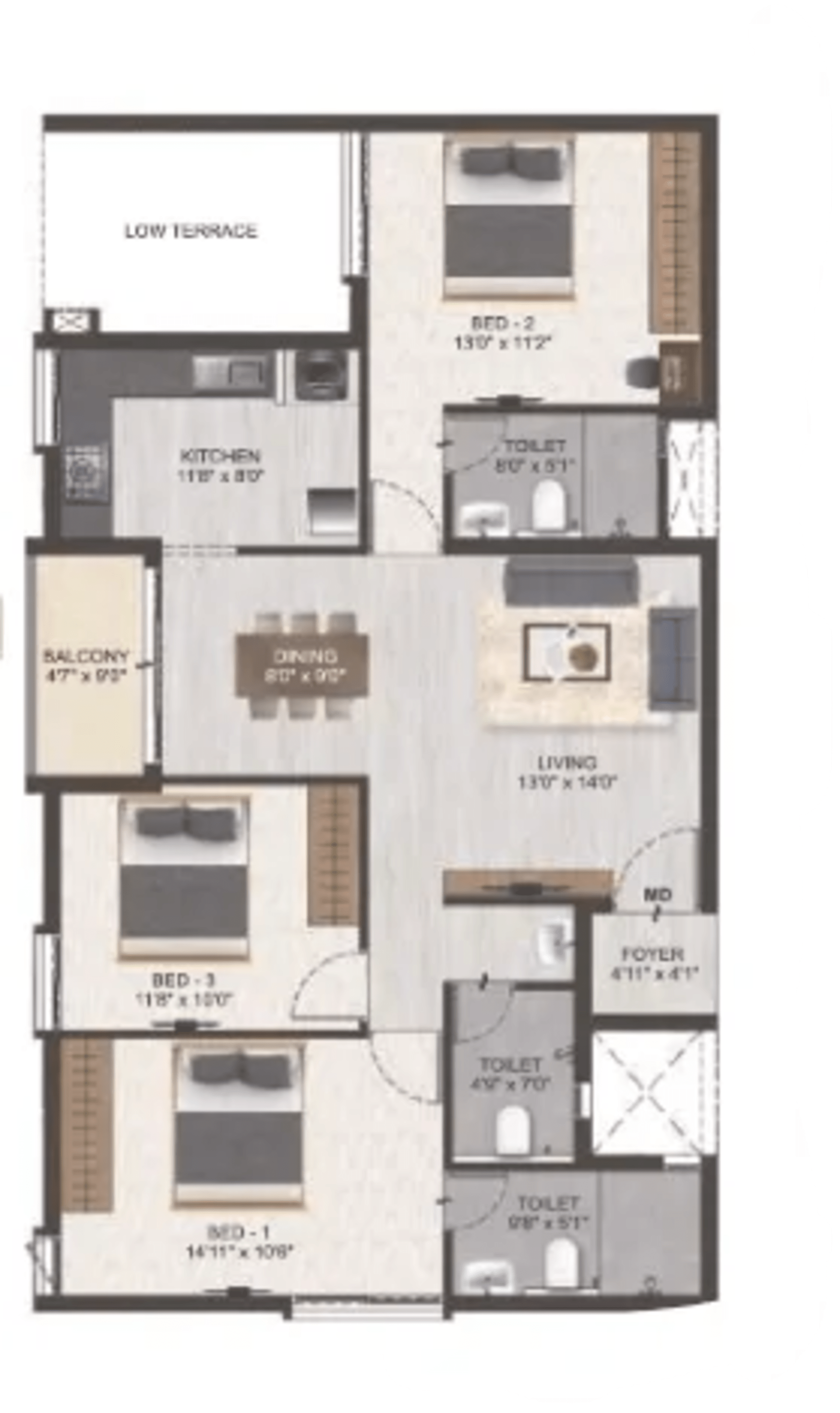 3 BHK Apartment Floor Plan – DAC Manapark