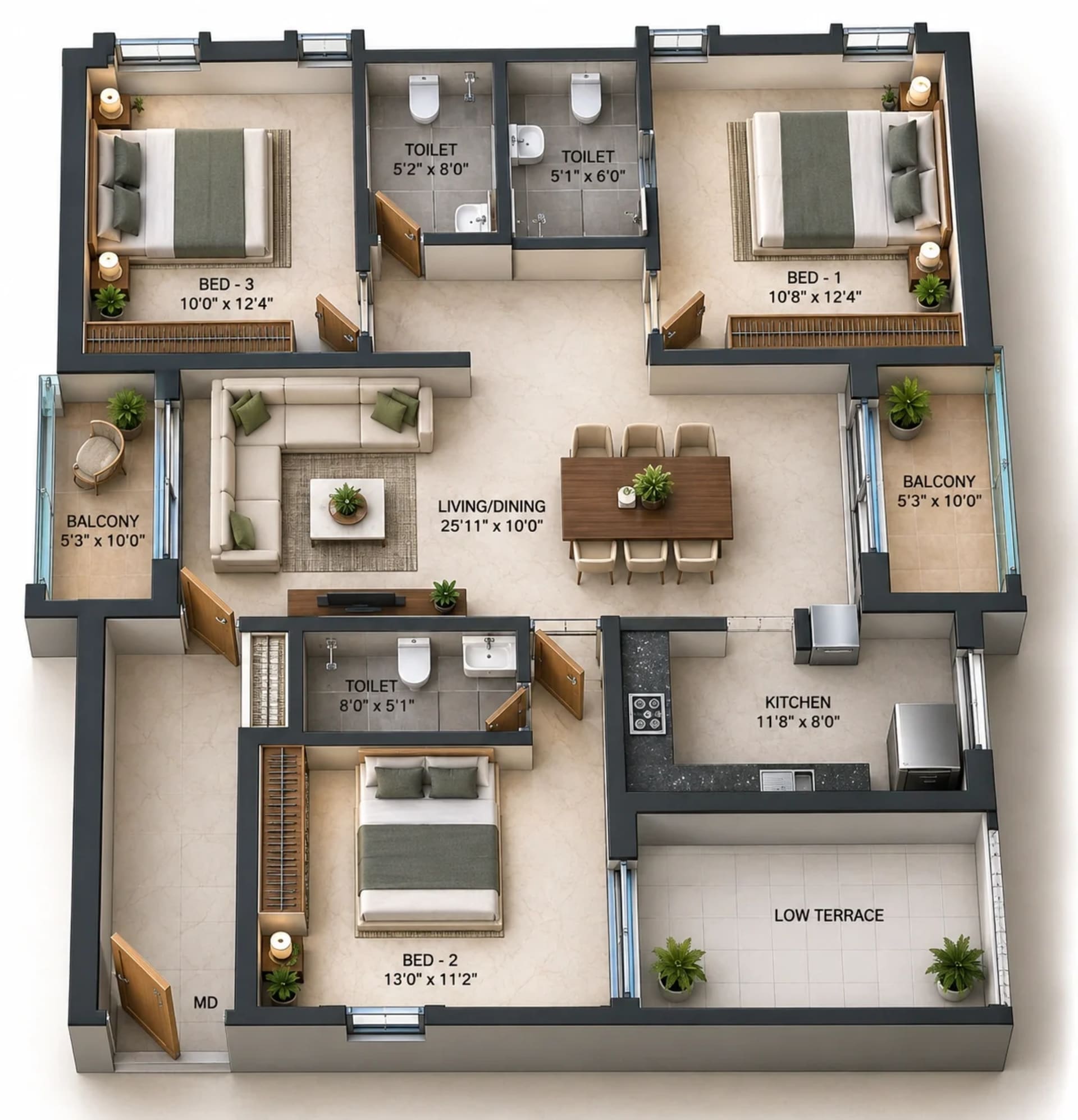 3 BHK Apartment Floor Plan – DAC Manapark