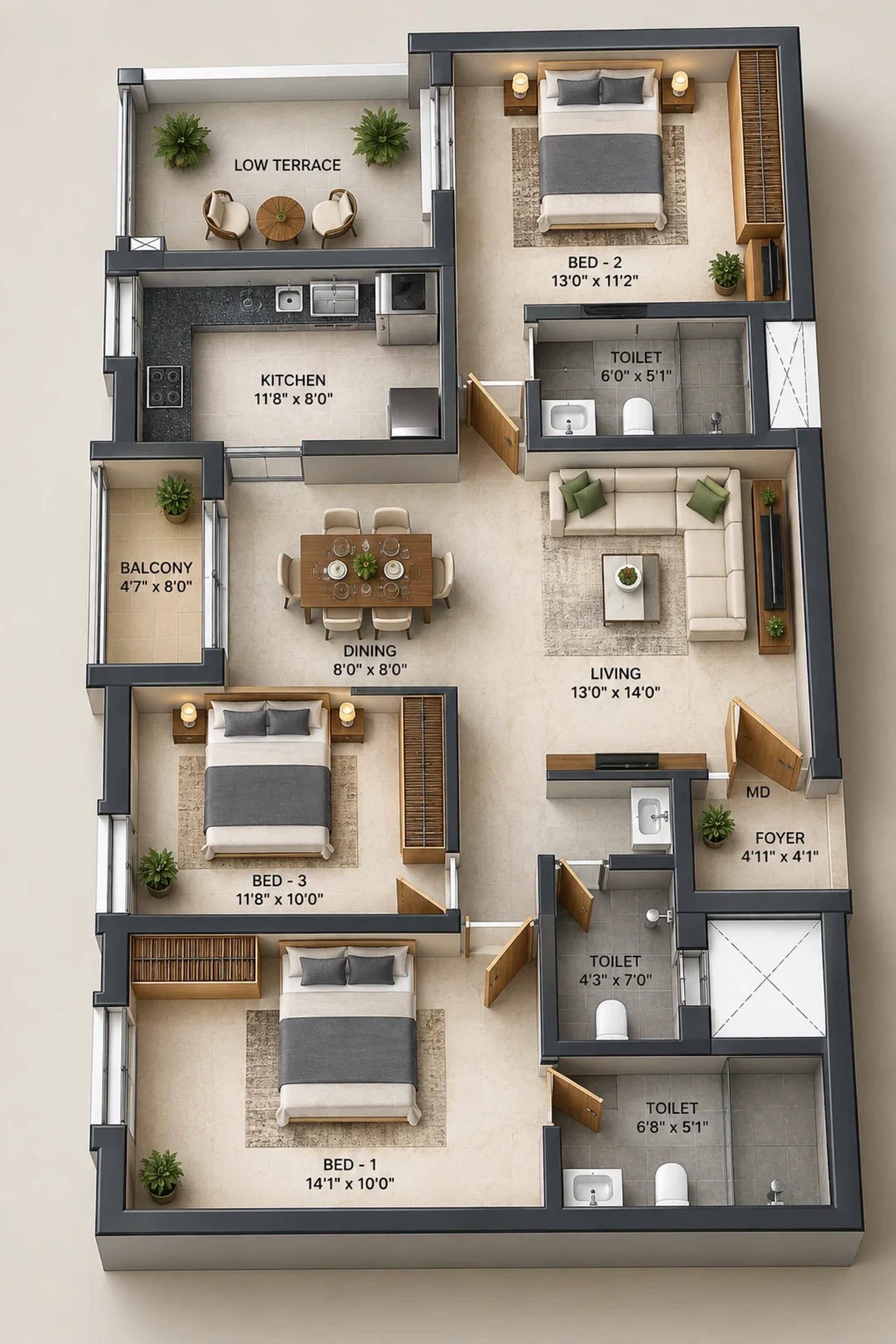 3 BHK Apartment Floor Plan – DAC Manapark