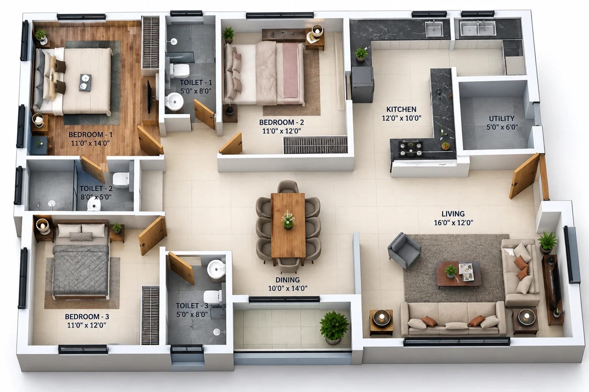 3 BHK Apartment Floor Plan – Bluemoon Paradise