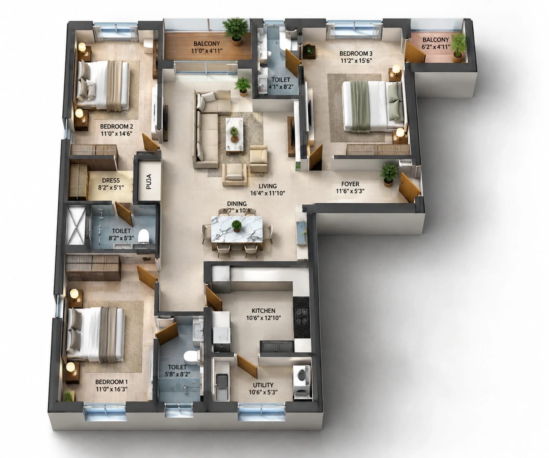3 BHK Apartment Floor Plan – Sreerosh Aurelia