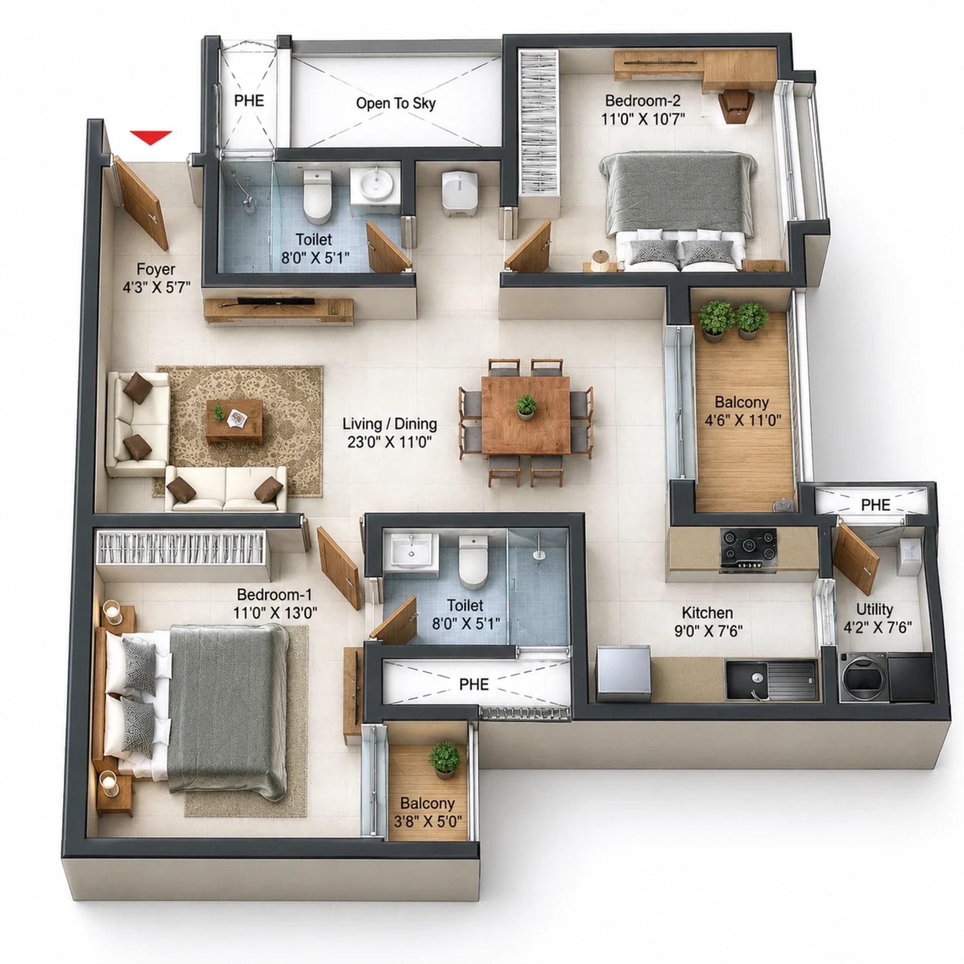 2 BHK Apartment Floor Plan – Prestige Pallavaram Gardens