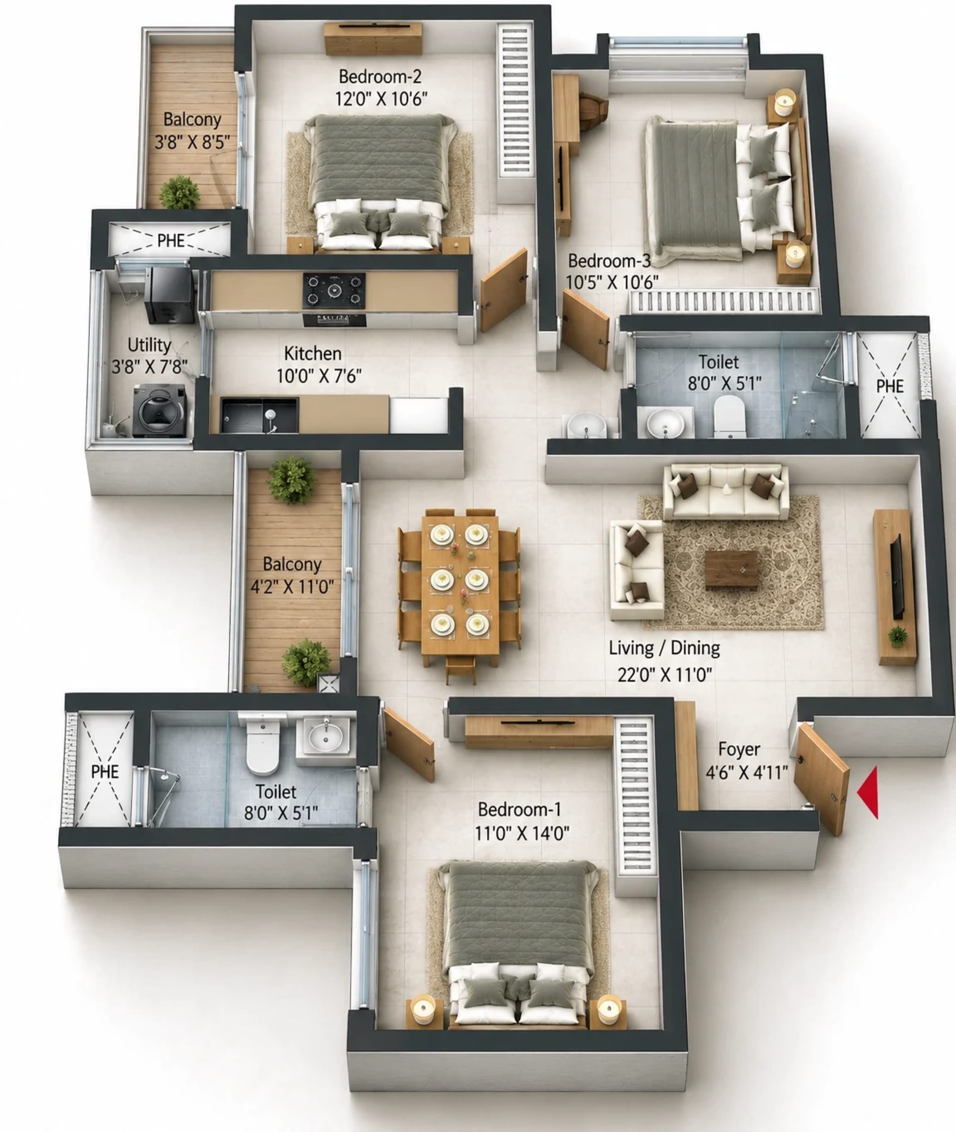 3 BHK Apartment Floor Plan – Prestige Pallavaram Gardens