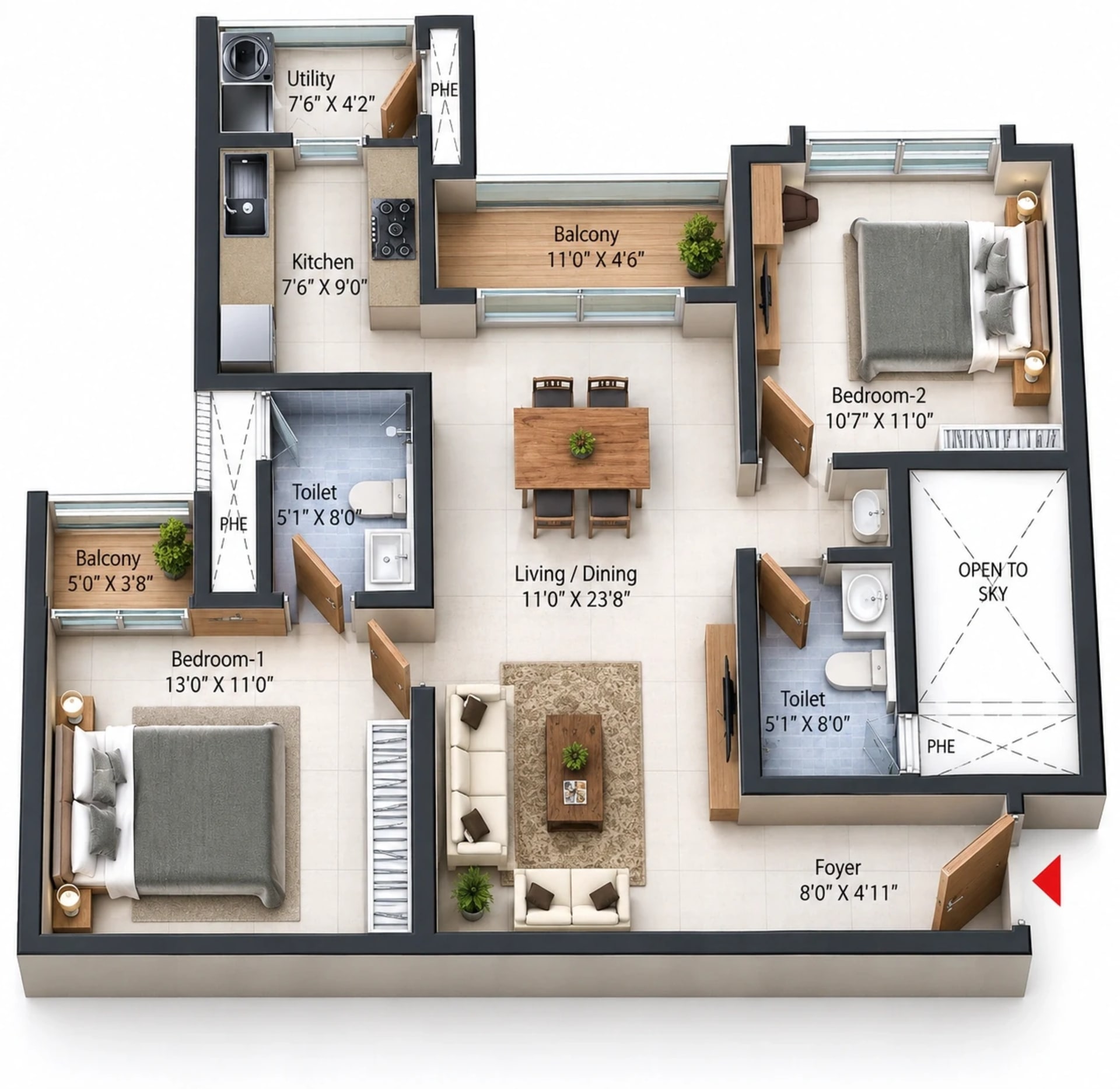 2 BHK Apartment Floor Plan – Prestige Pallavaram Gardens