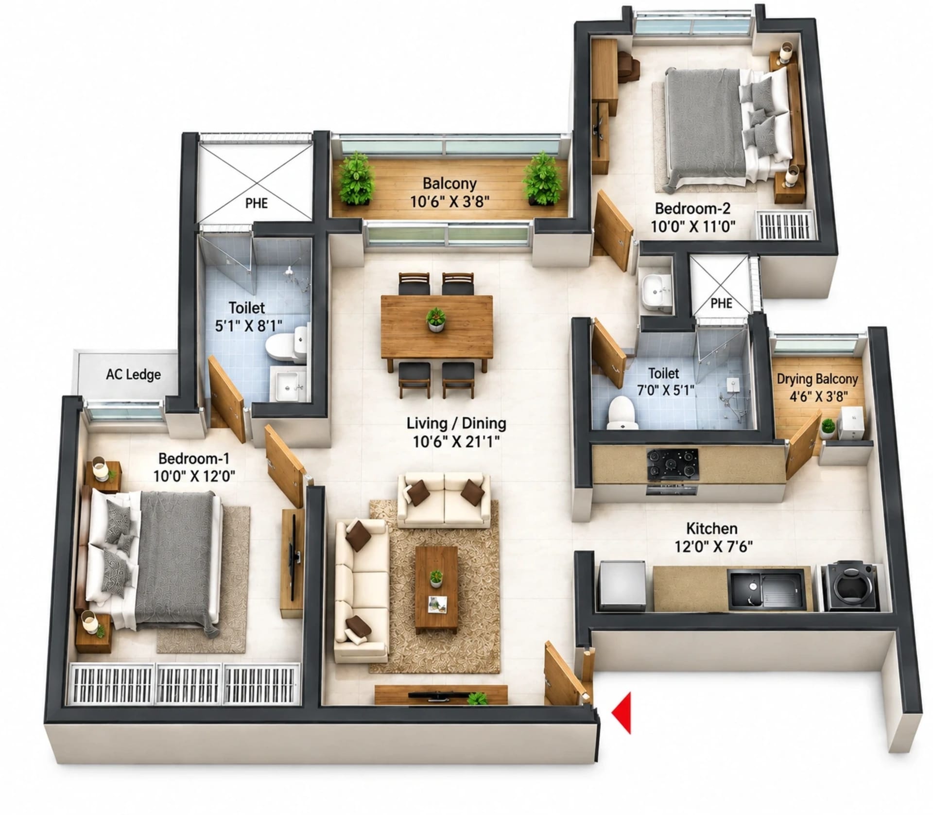 2 BHK Apartment Floor Plan – Prestige Pallavaram Gardens