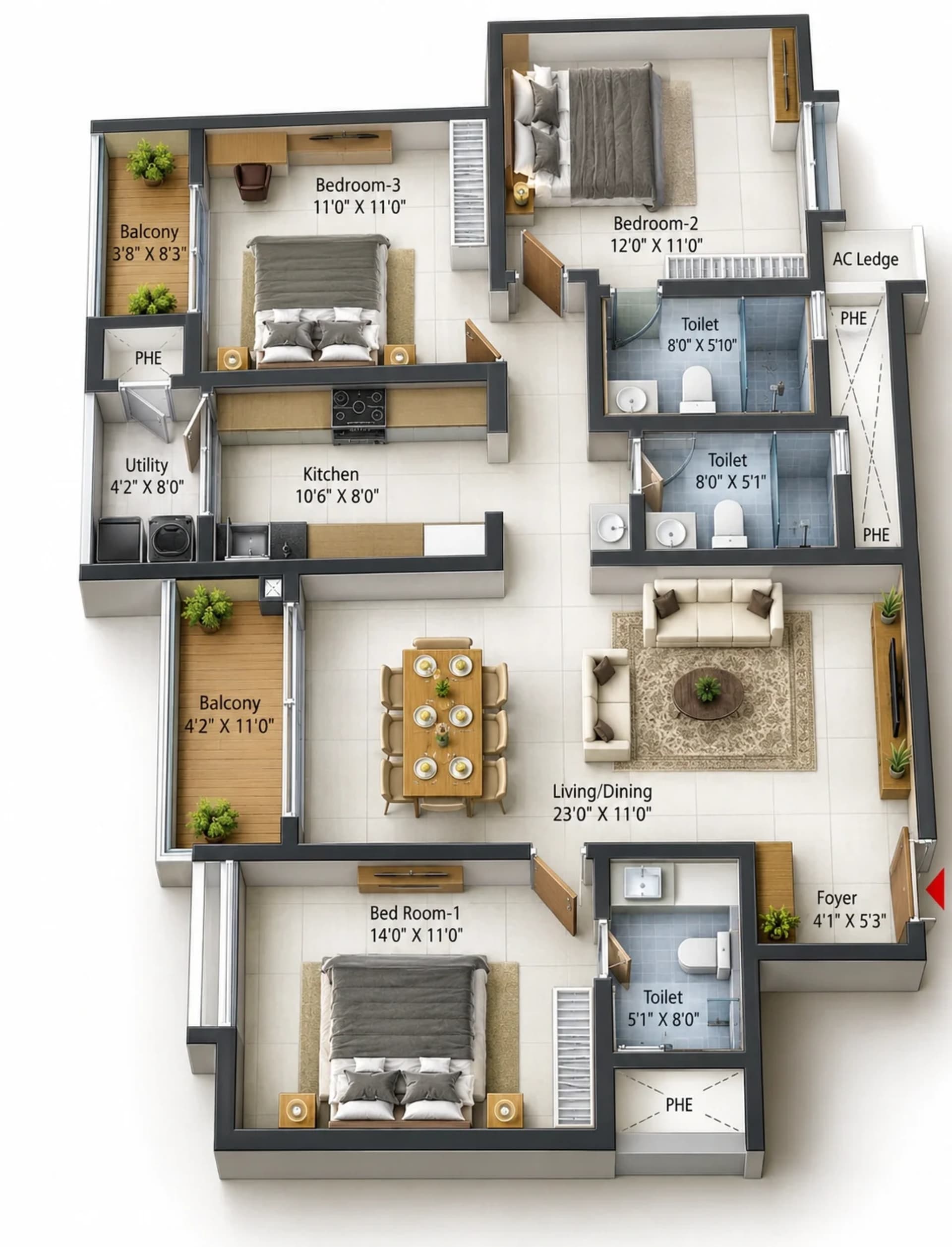 3 BHK Apartment Floor Plan – Prestige Pallavaram Gardens