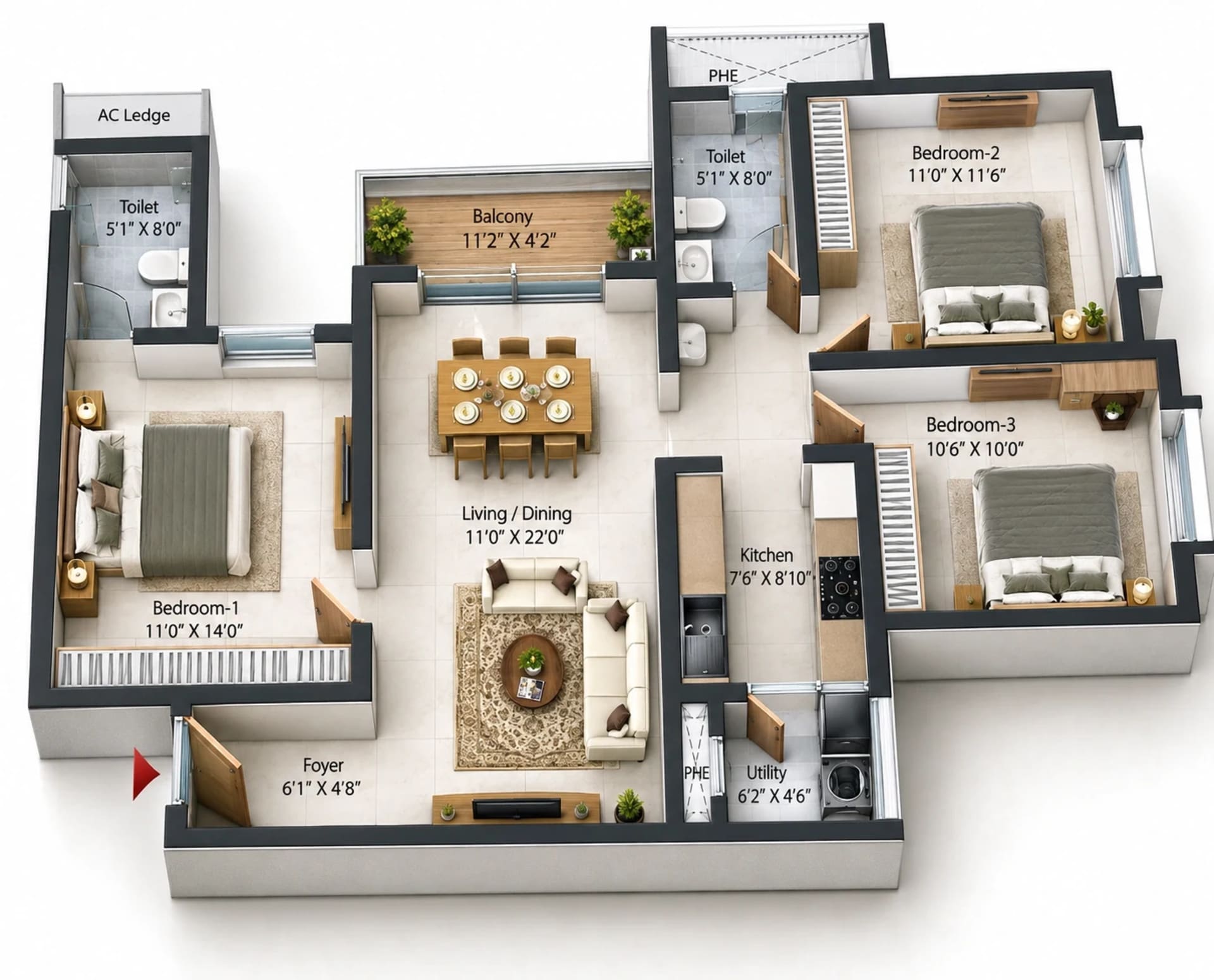 3 BHK Apartment Floor Plan – Prestige Pallavaram Gardens