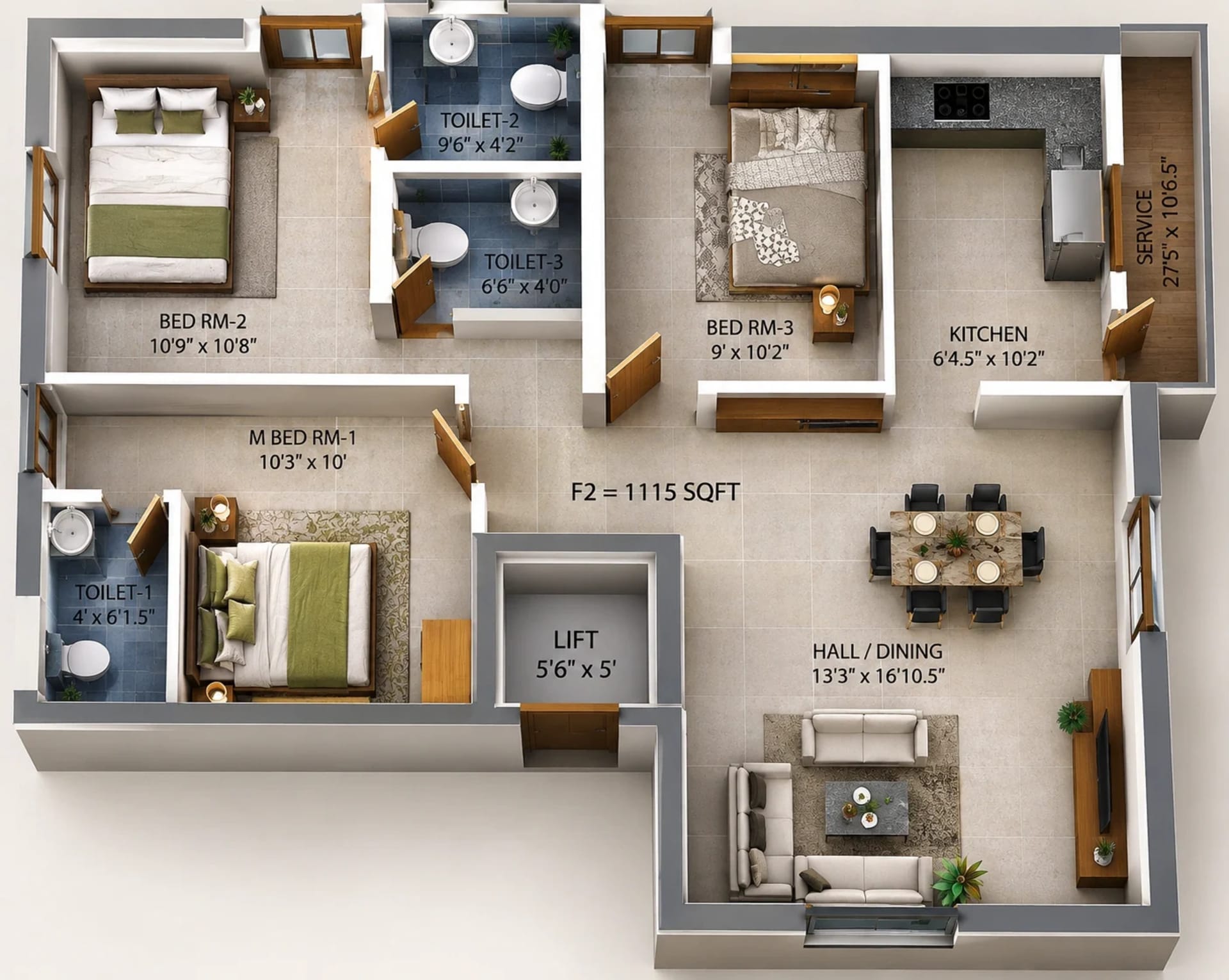 3 BHK Apartment Floor Plan – Secretariat Colony