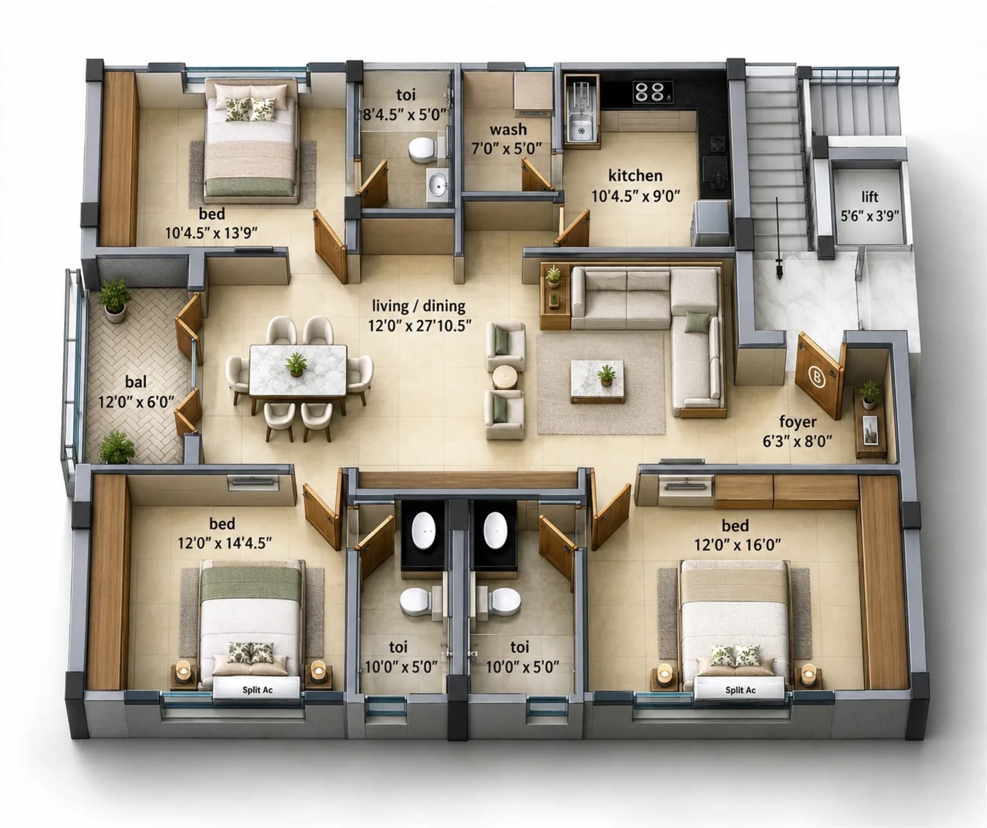 3 BHK Apartment floor plan — 1,685 sqft