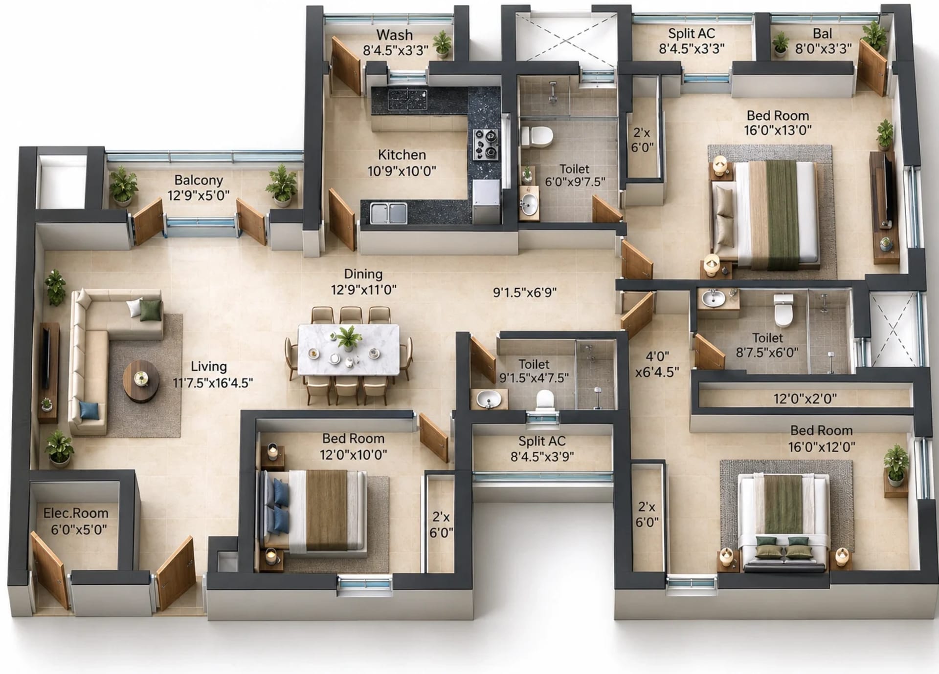3 BHK Apartment Floor Plan – Golden Opulence