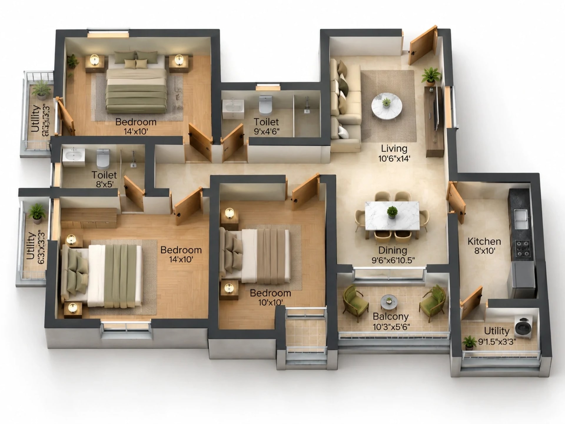 3 BHK Apartment Floor Plan – Golden Opulence