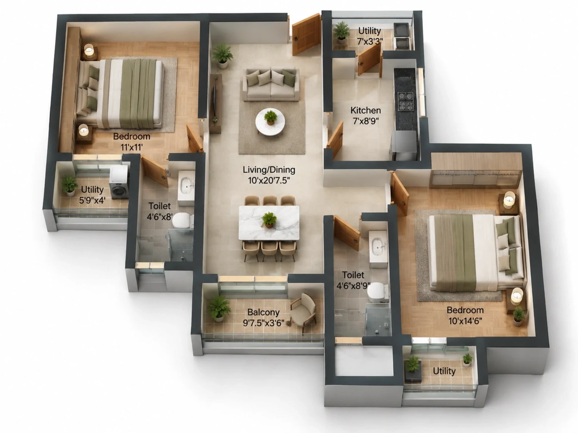 2 BHK Apartment Floor Plan – Golden Opulence